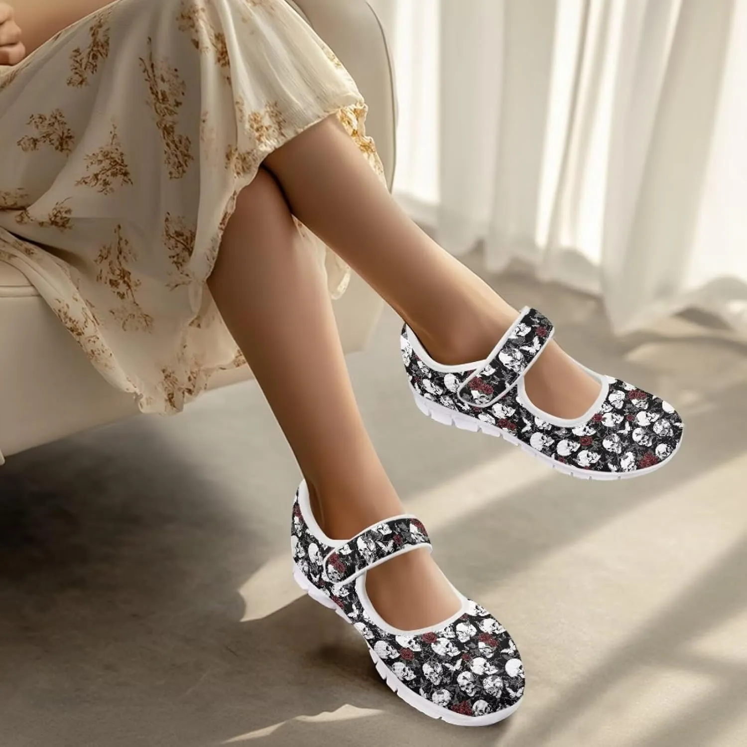 Skull Print Women's Mary Jane Shoes Slip Ons Breathable Cozy Shoes for Daily