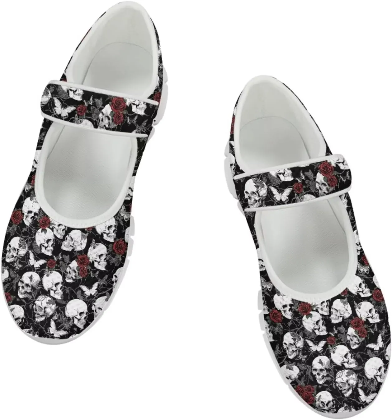 Skull Print Women's Mary Jane Shoes Slip Ons Breathable Cozy Shoes for Daily