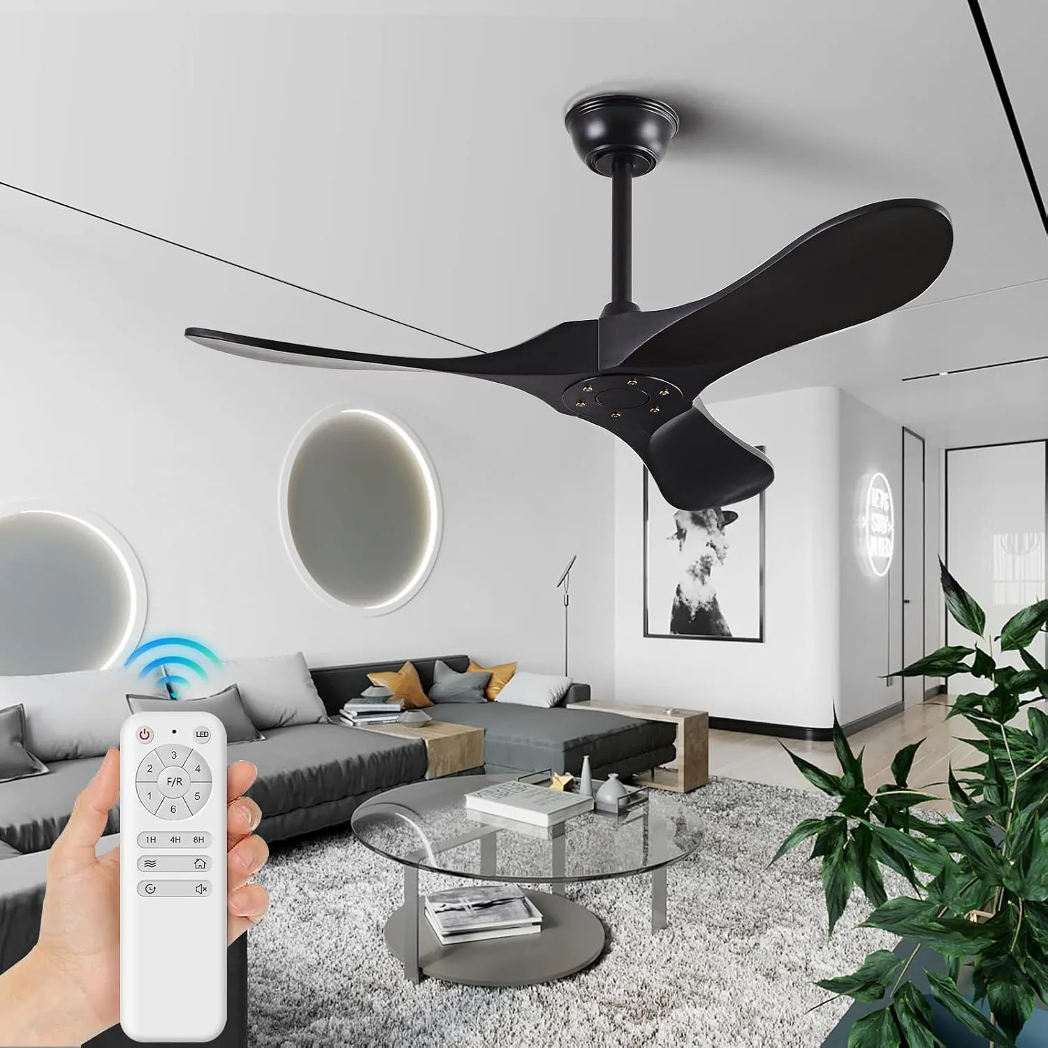 Small 42" Ceiling Fans without Lights, Solid Wood Ceiling Fan No Light with Remote Control DC Motor Indoor Outdoor for Patios, Living Room, Bedroom, Farmhouse Matte Black