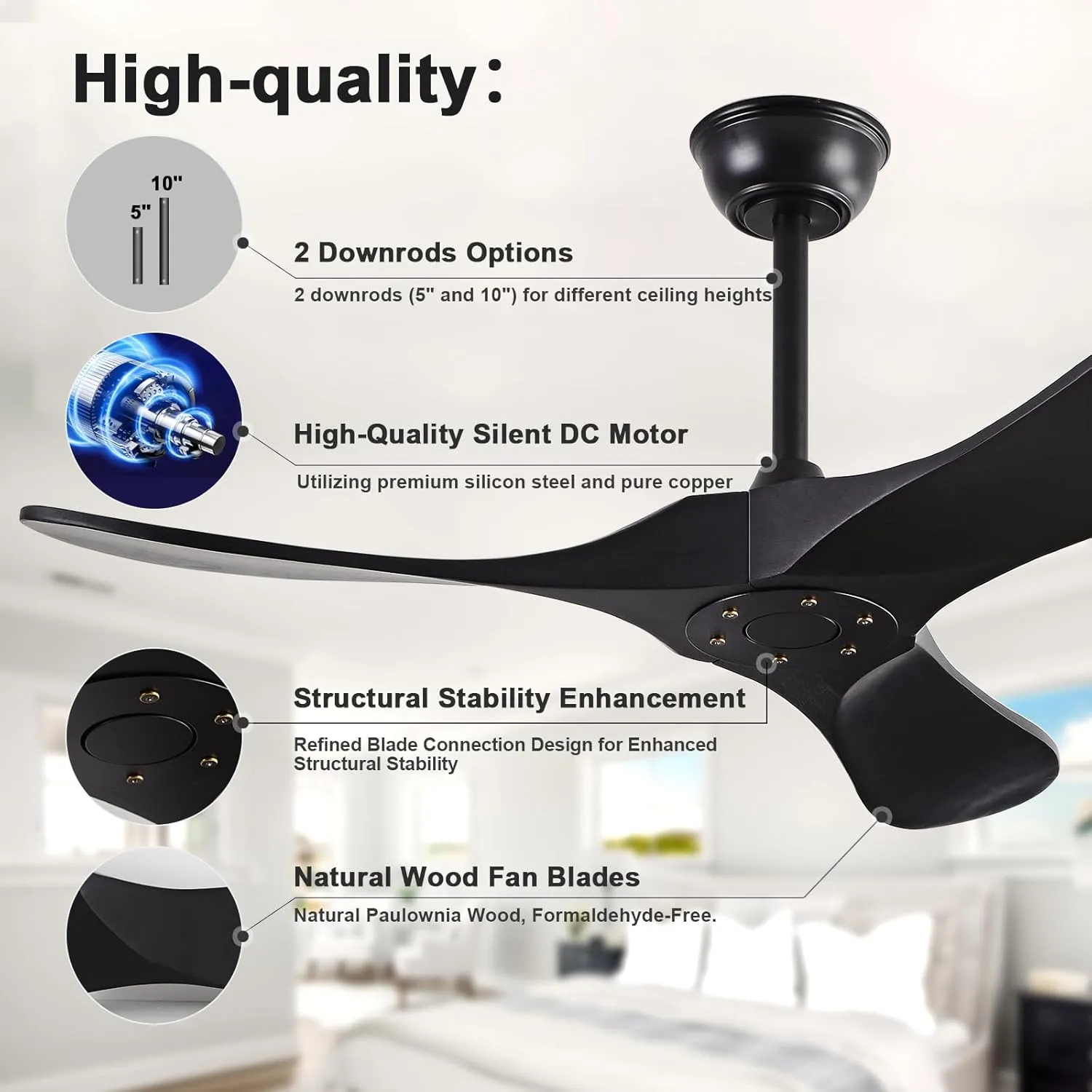 Small 42" Ceiling Fans without Lights, Solid Wood Ceiling Fan No Light with Remote Control DC Motor Indoor Outdoor for Patios, Living Room, Bedroom, Farmhouse Matte Black