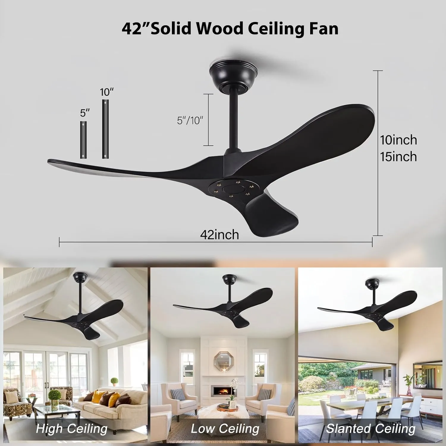 Small 42" Ceiling Fans without Lights, Solid Wood Ceiling Fan No Light with Remote Control DC Motor Indoor Outdoor for Patios, Living Room, Bedroom, Farmhouse Matte Black