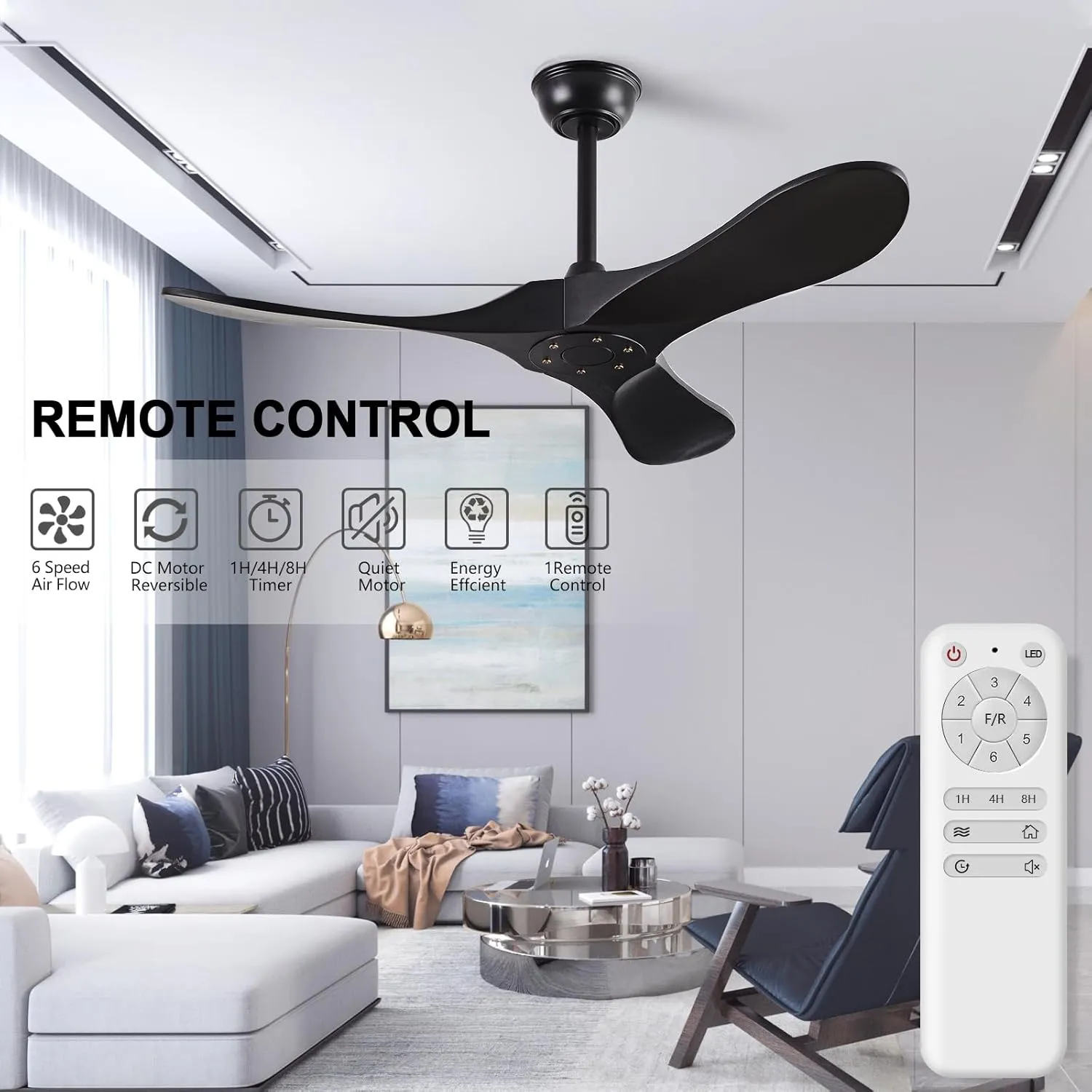 Small 42" Ceiling Fans without Lights, Solid Wood Ceiling Fan No Light with Remote Control DC Motor Indoor Outdoor for Patios, Living Room, Bedroom, Farmhouse Matte Black