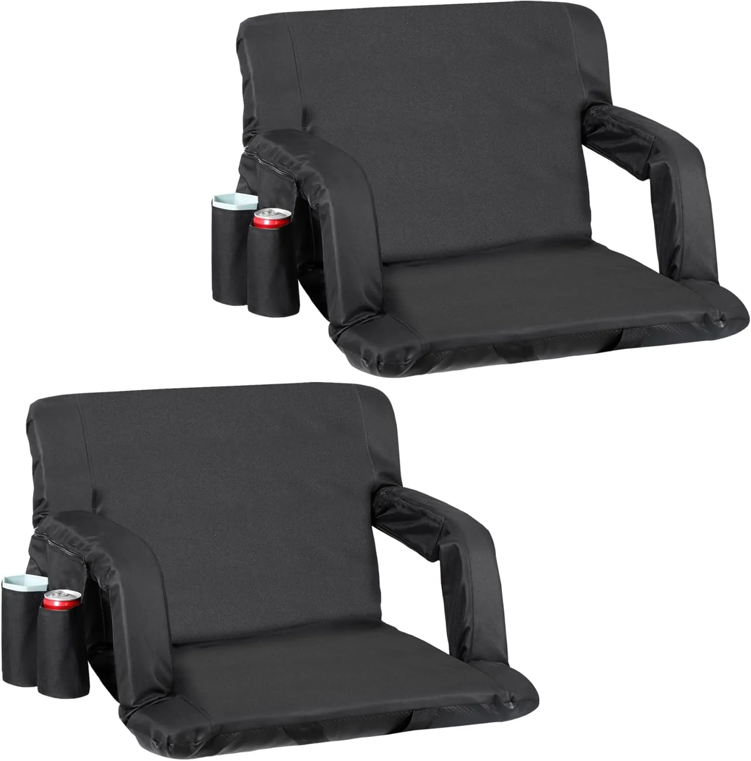 Smartxchoices 25" Wide Stadium Seats, 2 Pack Folding Bleacher Chairs, 6-Reclining Positions Padded with Back Support & Cushion, Arm Rests, Pockets, 2 Cup Holders, Anchor Straps, Shoulder Straps, Black