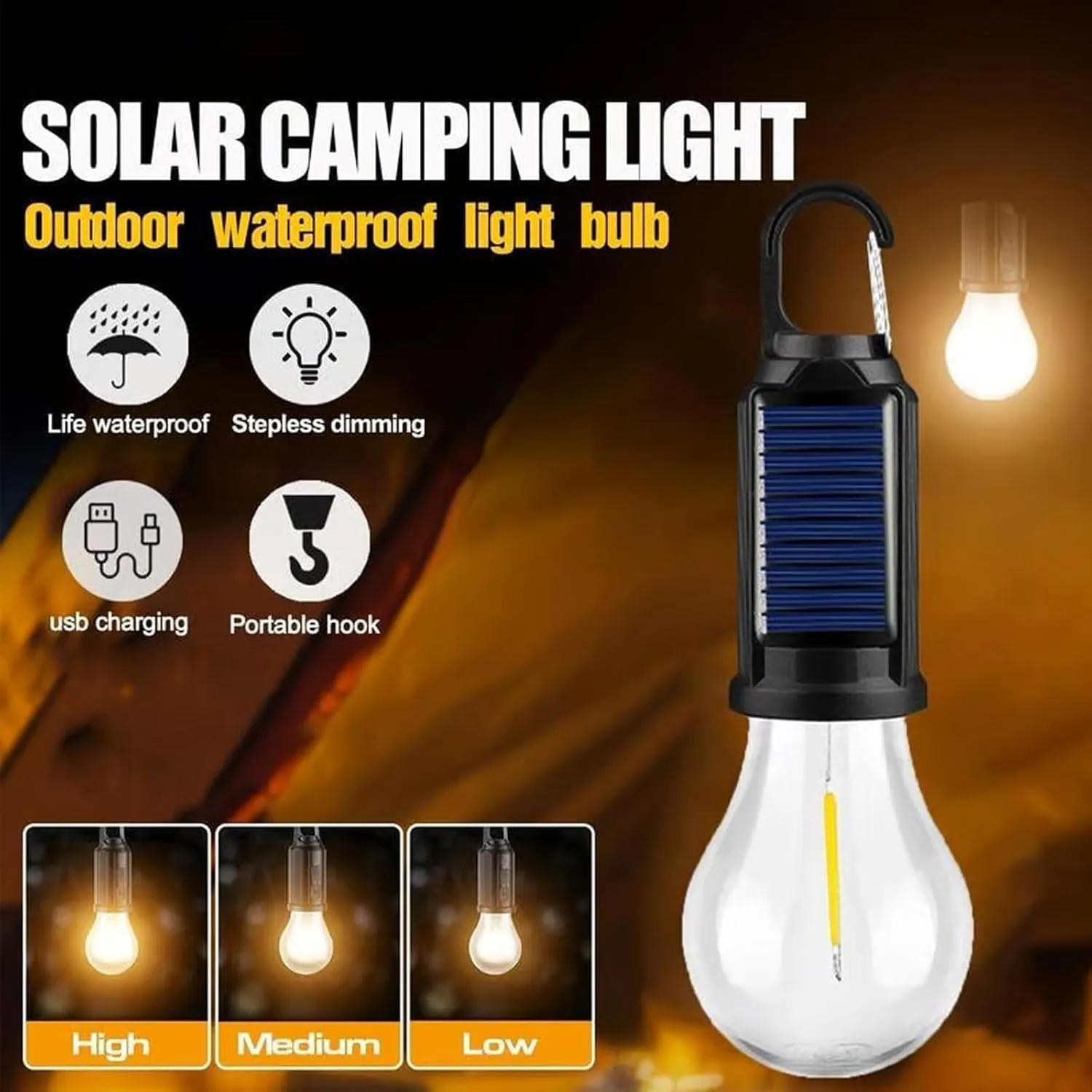 Solar Rechargeable Hooked Camping Light, Shineshore Solar Lights, 3 Light Modes, Multi-Functional Waterproof Portable USB Rechargeable Led Lights for Camping, Emergencies (Flat*3)