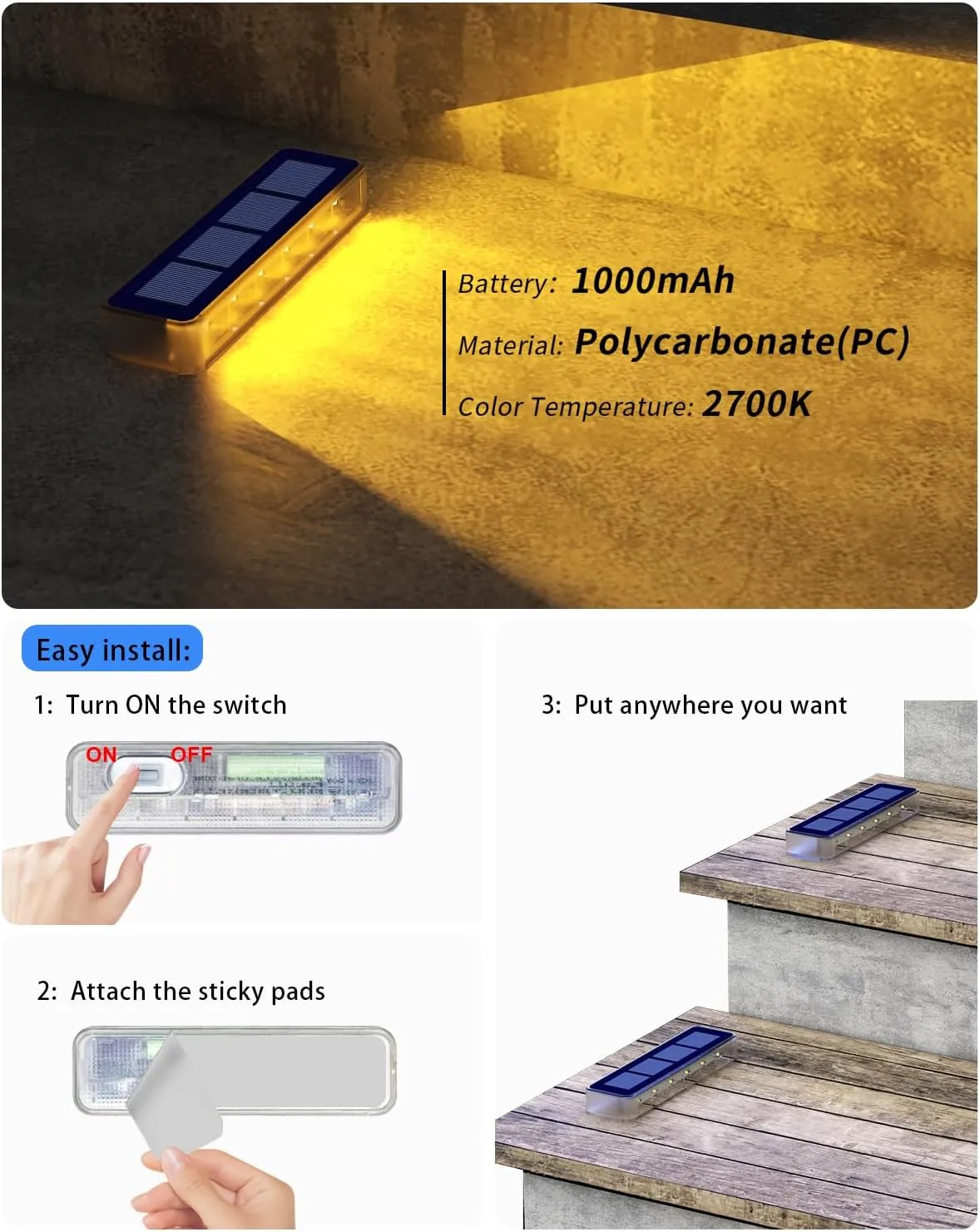 Solar Step Lights for Outside,4 Pack Solar Stair Lights Outdoor Waterproof,Warm White Deck Light Solar Powered Waterproof for Steps,Stairs,Walkway,Sidewalk,Patio,Pathway