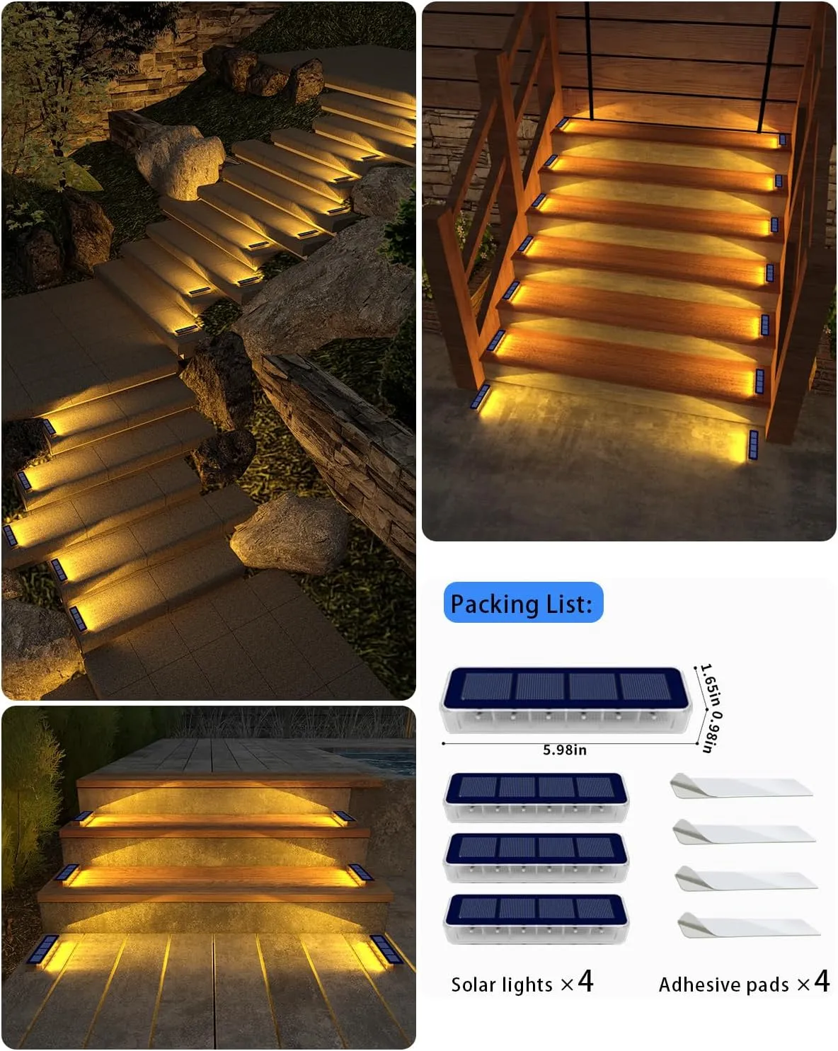 Solar Step Lights for Outside,4 Pack Solar Stair Lights Outdoor Waterproof,Warm White Deck Light Solar Powered Waterproof for Steps,Stairs,Walkway,Sidewalk,Patio,Pathway