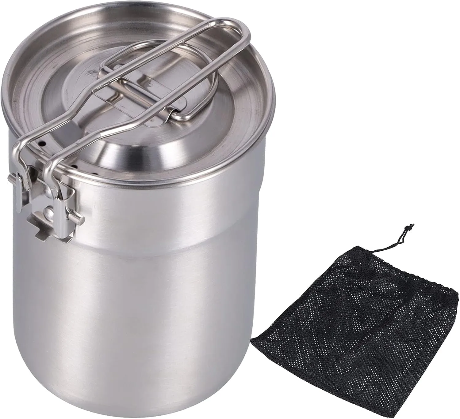 Stainless Steel Camping Pot, 1L Outdoor Coffee Maker Cup French Press Coffee Maker Camping Cooking Pot with Foldable Handle Lid for Hiking