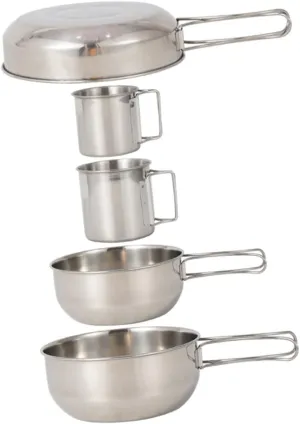 Stainless Steel Cup Pot Set 5pc Camping Cookware Versatile for Hiking BBQ Family Outdoors