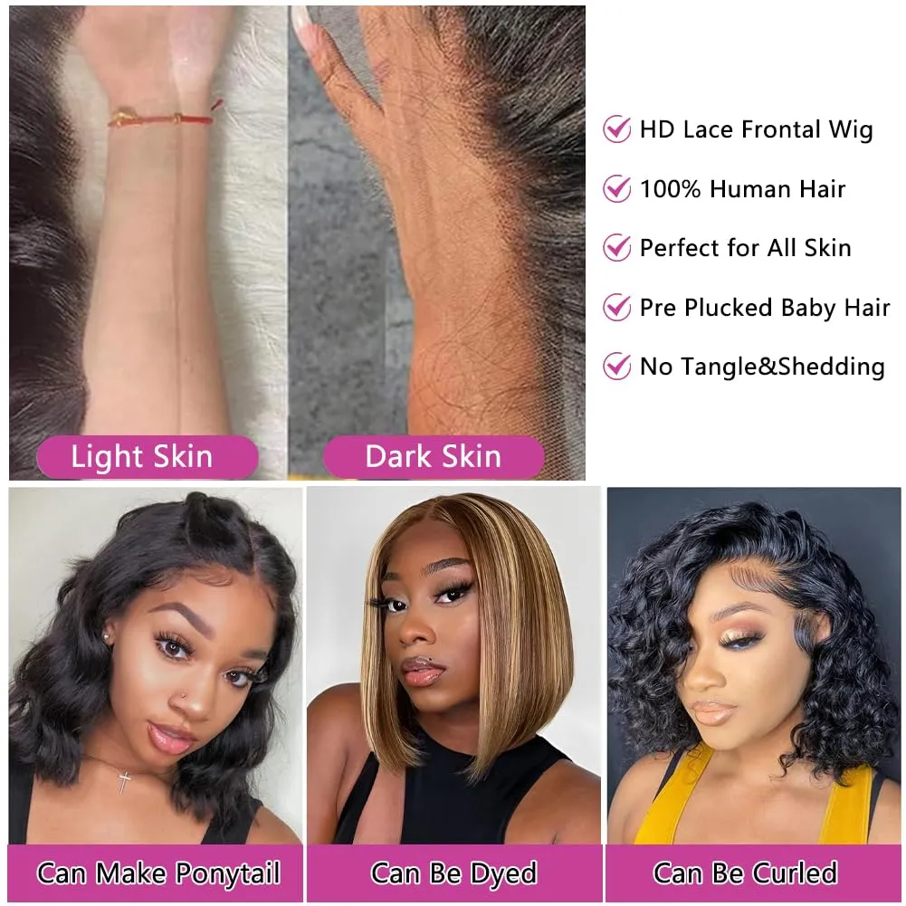 Straight Bob Wig Human Hair 12 Inch 13x4 HD Lace Front Wigs for Black Women Glueless Short Bob Lace Frontal Wig Human Hair Pre Plucked 150% Density Natural Black
