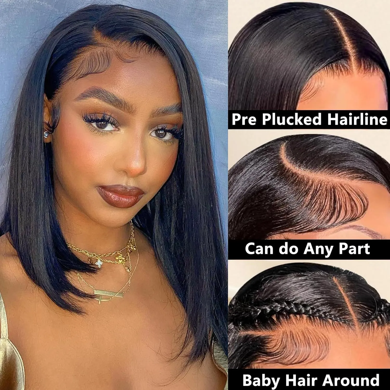 Straight Bob Wig Human Hair 12 Inch 13x4 HD Lace Front Wigs for Black Women Glueless Short Bob Lace Frontal Wig Human Hair Pre Plucked 150% Density Natural Black
