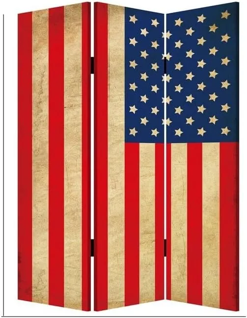 Suburban Sophistication 71" Folding Screen Room Divider USA Stars and Stripes Design 48" x 72" x 1" Canvas Fabric with Two-Sided Prints