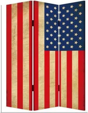 Suburban Sophistication 71" Folding Screen Room Divider USA Stars and Stripes Design 48" x 72" x 1" Canvas Fabric with Two-Sided Prints