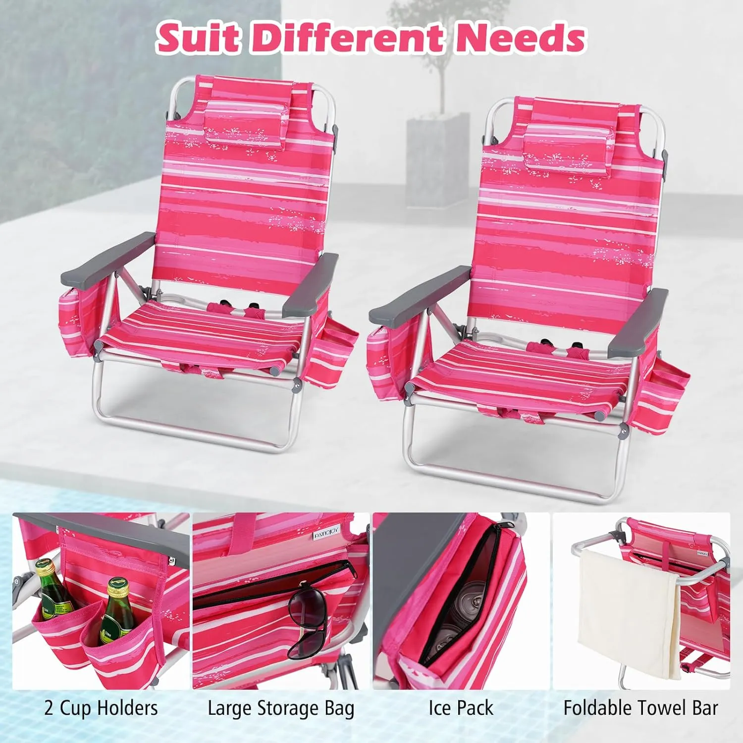 Tangkula Set of 2 Backpack Beach Chair, 5-Position Lay Flat Beach Chairs with Cooler Bag, 2 Cup Holders, Towel Bar, Lightweight Folding Beach Chair with Backpack Straps