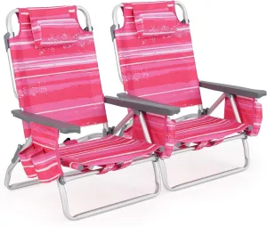 Tangkula Set of 2 Backpack Beach Chair, 5-Position Lay Flat Beach Chairs with Cooler Bag, 2 Cup Holders, Towel Bar, Lightweight Folding Beach Chair with Backpack Straps