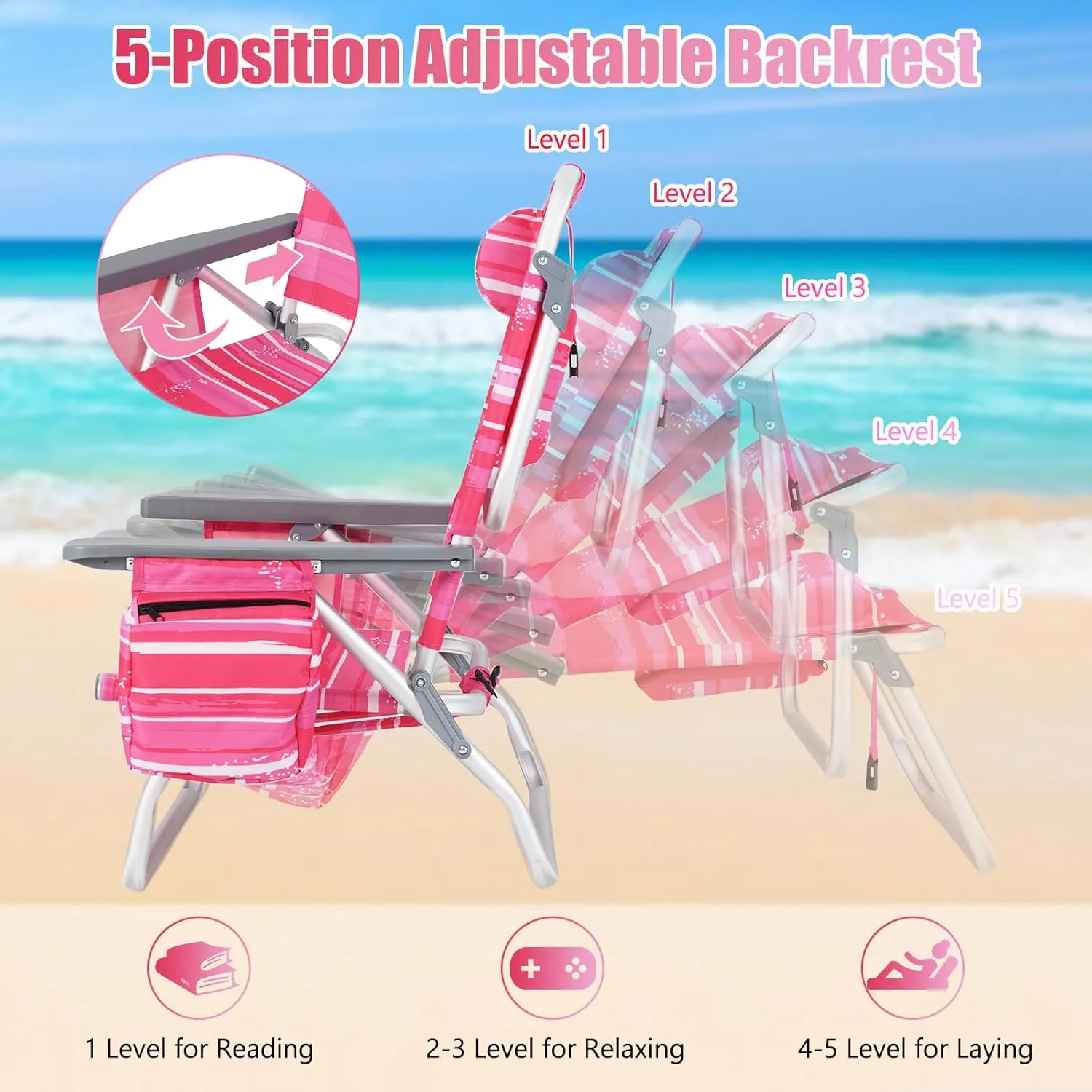 Tangkula Set of 2 Backpack Beach Chair, 5-Position Lay Flat Beach Chairs with Cooler Bag, 2 Cup Holders, Towel Bar, Lightweight Folding Beach Chair with Backpack Straps