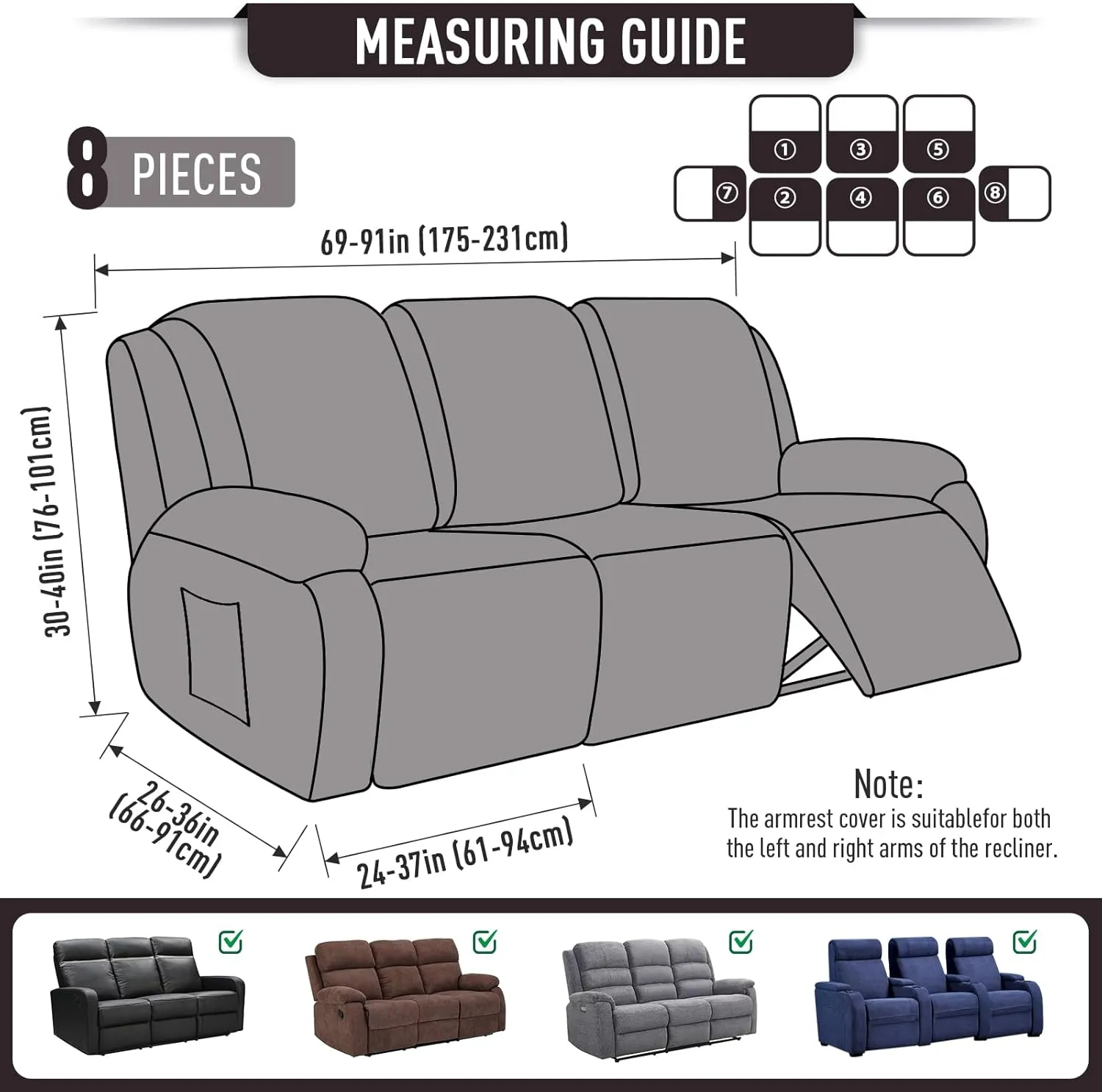 TAOCOCO Recliner Couch Covers for 3 Seat, 8-Pieces Stretch Large Couch Covers for 3 Seats Reclining Slipcovers Soft Jacquard Pattern Furniture Protector, Chocolate