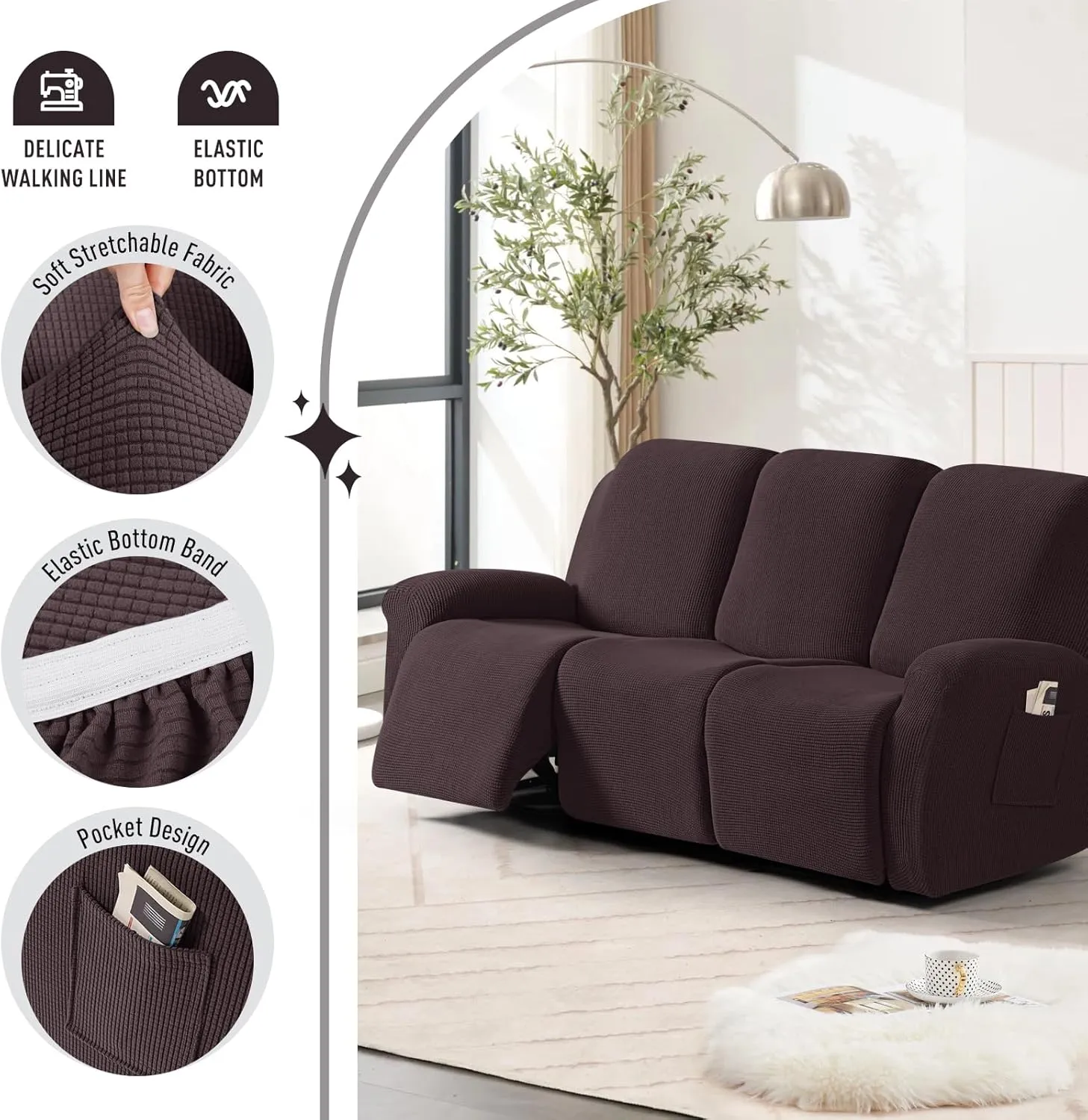 TAOCOCO Recliner Couch Covers for 3 Seat, 8-Pieces Stretch Large Couch Covers for 3 Seats Reclining Slipcovers Soft Jacquard Pattern Furniture Protector, Chocolate