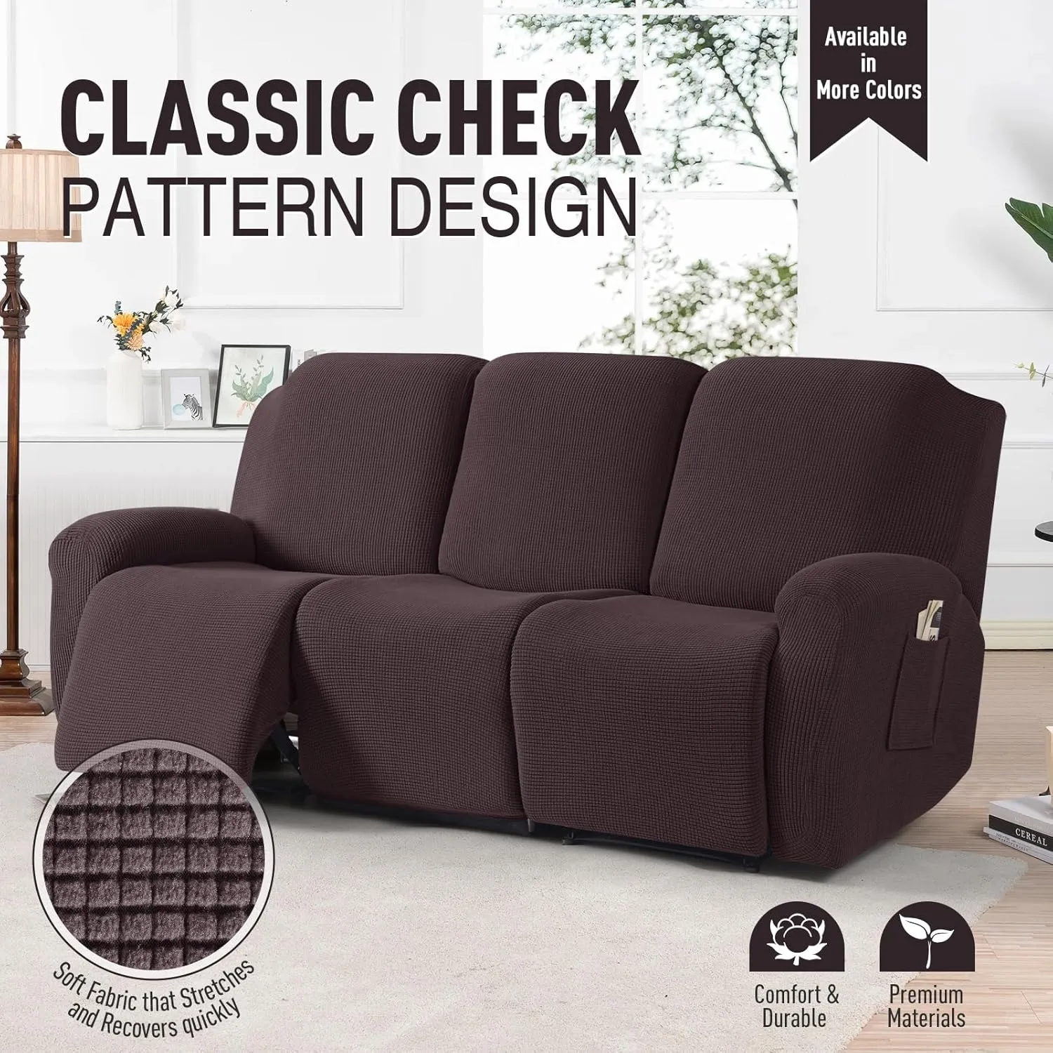 TAOCOCO Recliner Couch Covers for 3 Seat, 8-Pieces Stretch Large Couch Covers for 3 Seats Reclining Slipcovers Soft Jacquard Pattern Furniture Protector, Chocolate