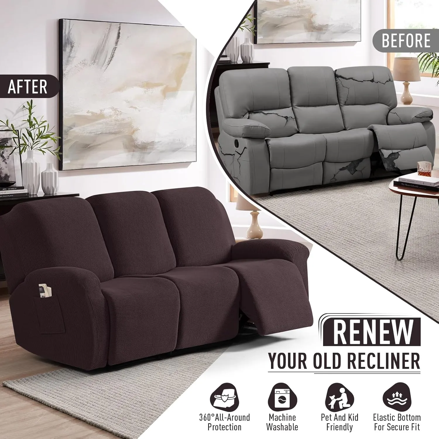 TAOCOCO Recliner Couch Covers for 3 Seat, 8-Pieces Stretch Large Couch Covers for 3 Seats Reclining Slipcovers Soft Jacquard Pattern Furniture Protector, Chocolate