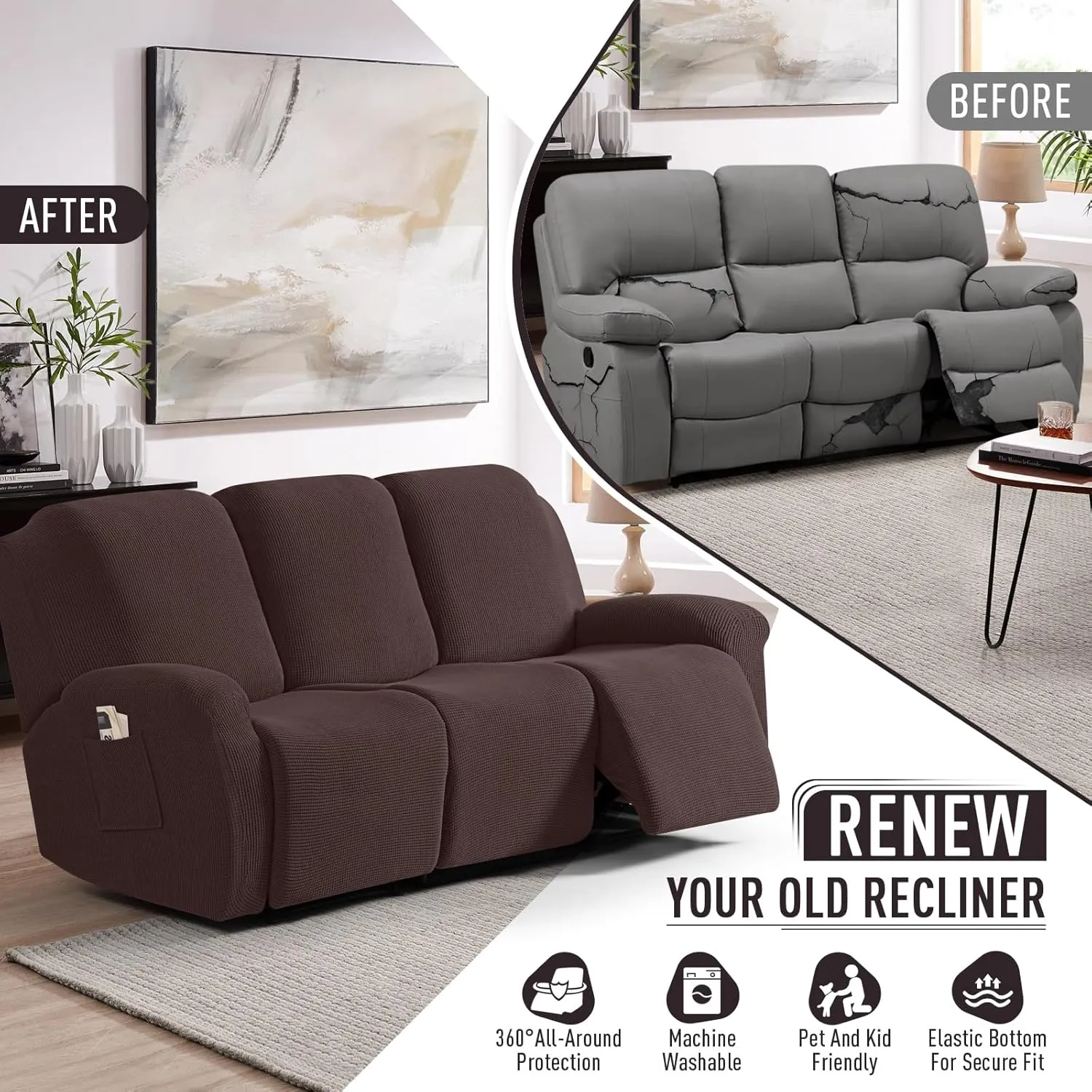 TAOCOCO Recliner Sofa Covers 8-Pieces Stretch Large Couch Covers for 3 Seats Reclining Slipcovers Soft Jacquard Pattern Furniture Protector (Dark Coffee)