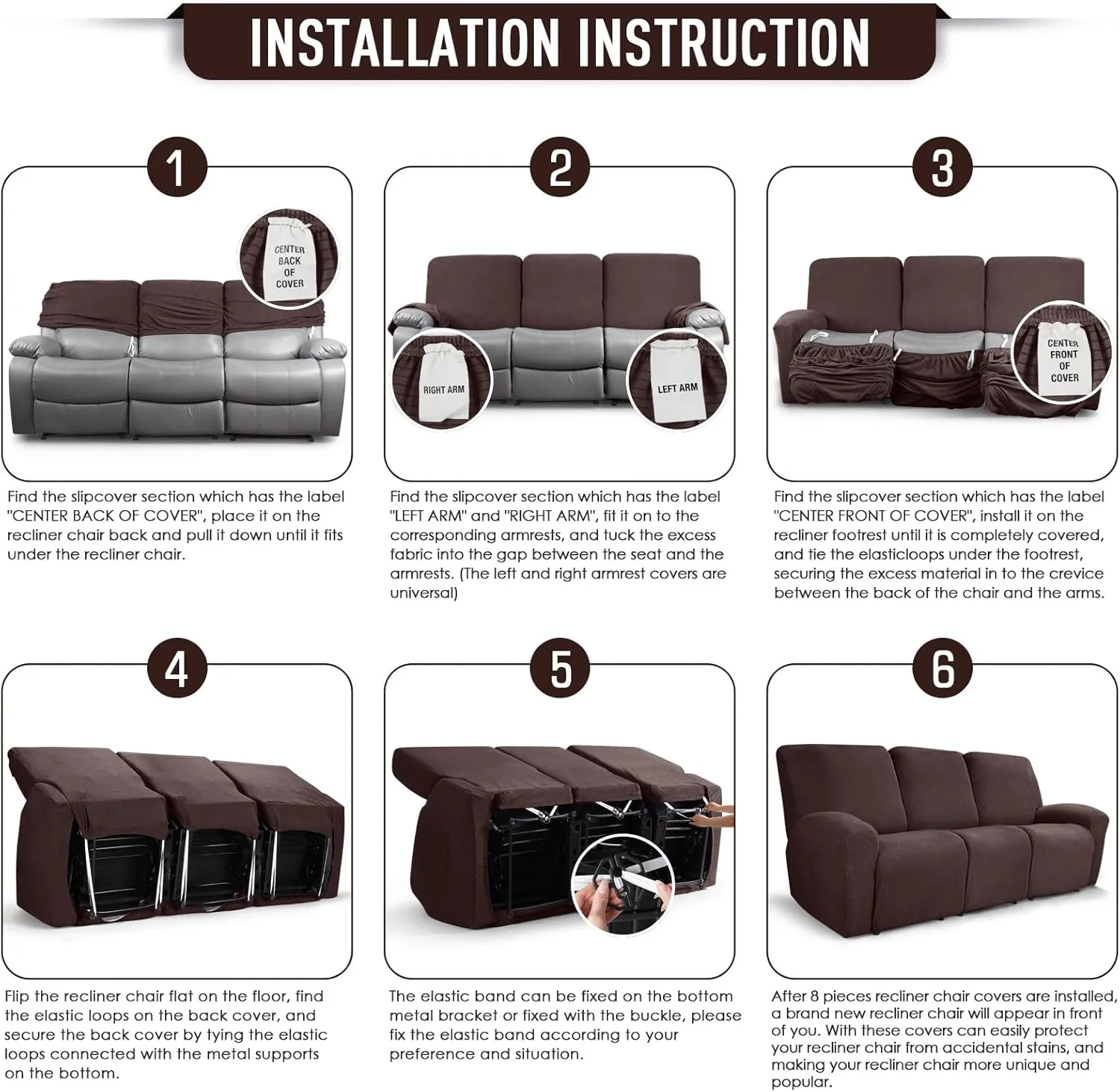 TAOCOCO Recliner Sofa Covers 8-Pieces Stretch Large Couch Covers for 3 Seats Reclining Slipcovers Soft Jacquard Pattern Furniture Protector (Dark Coffee)