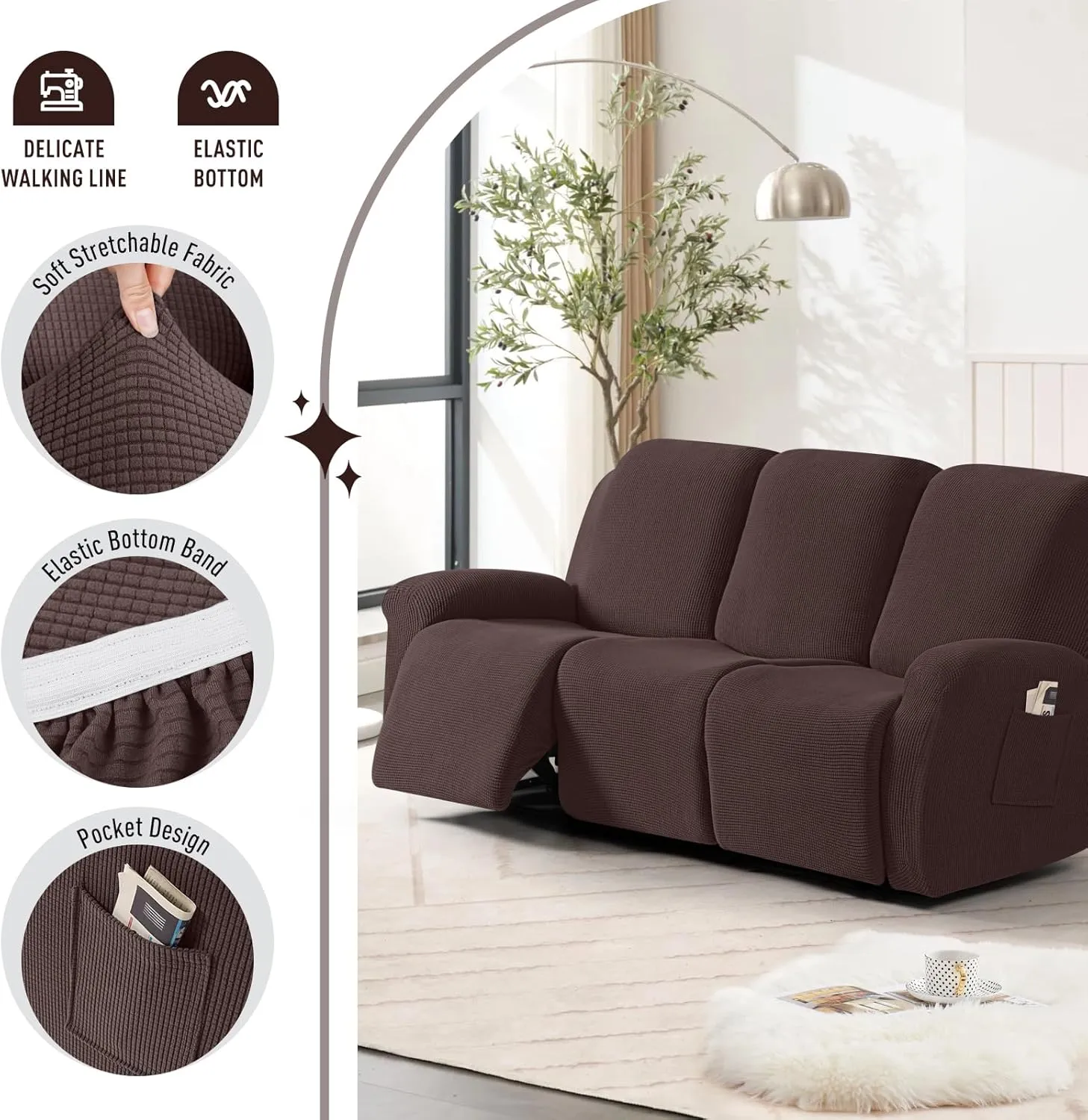 TAOCOCO Recliner Sofa Covers 8-Pieces Stretch Large Couch Covers for 3 Seats Reclining Slipcovers Soft Jacquard Pattern Furniture Protector (Dark Coffee)