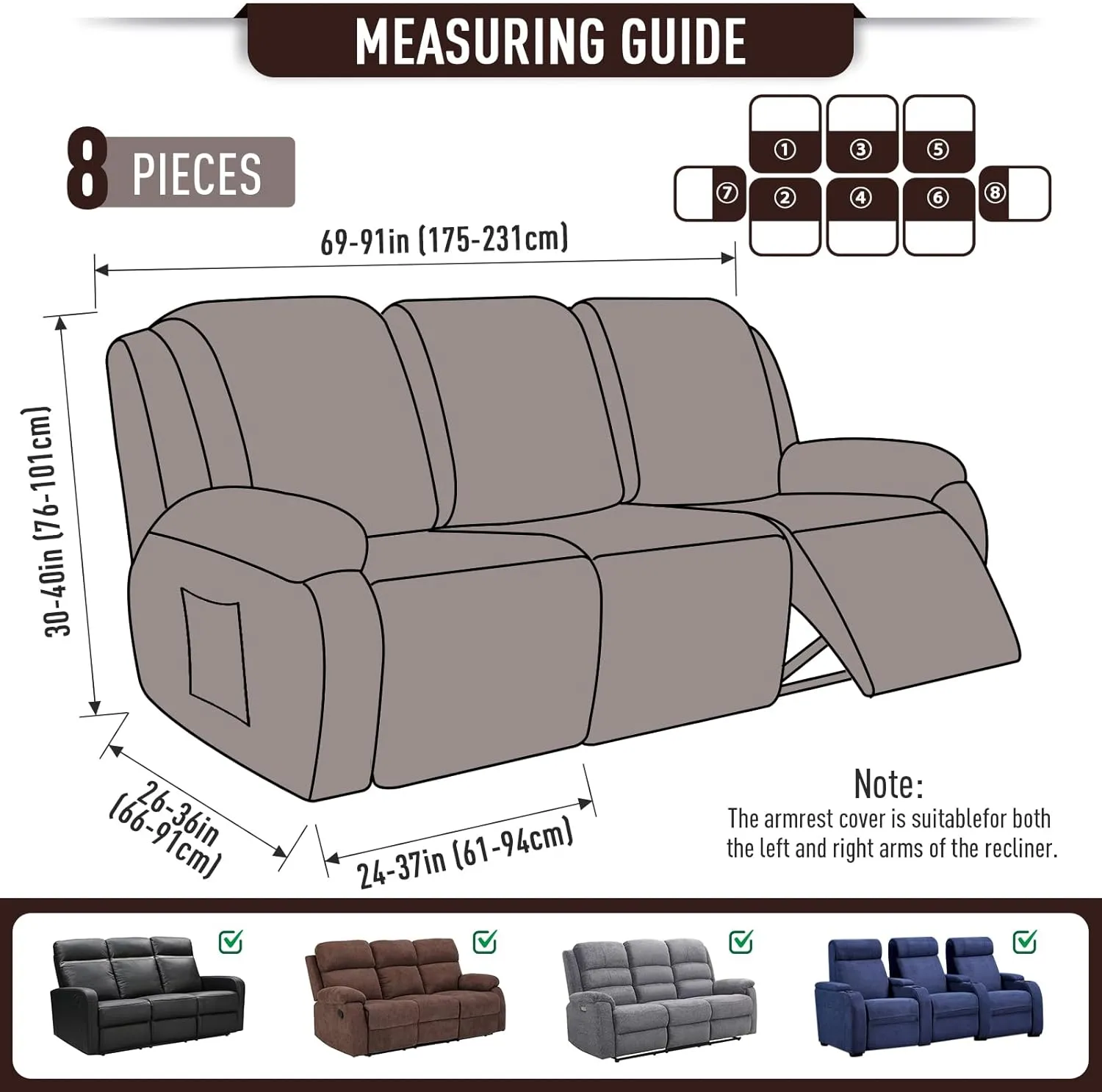 TAOCOCO Recliner Sofa Covers 8-Pieces Stretch Large Couch Covers for 3 Seats Reclining Slipcovers Soft Jacquard Pattern Furniture Protector (Dark Coffee)