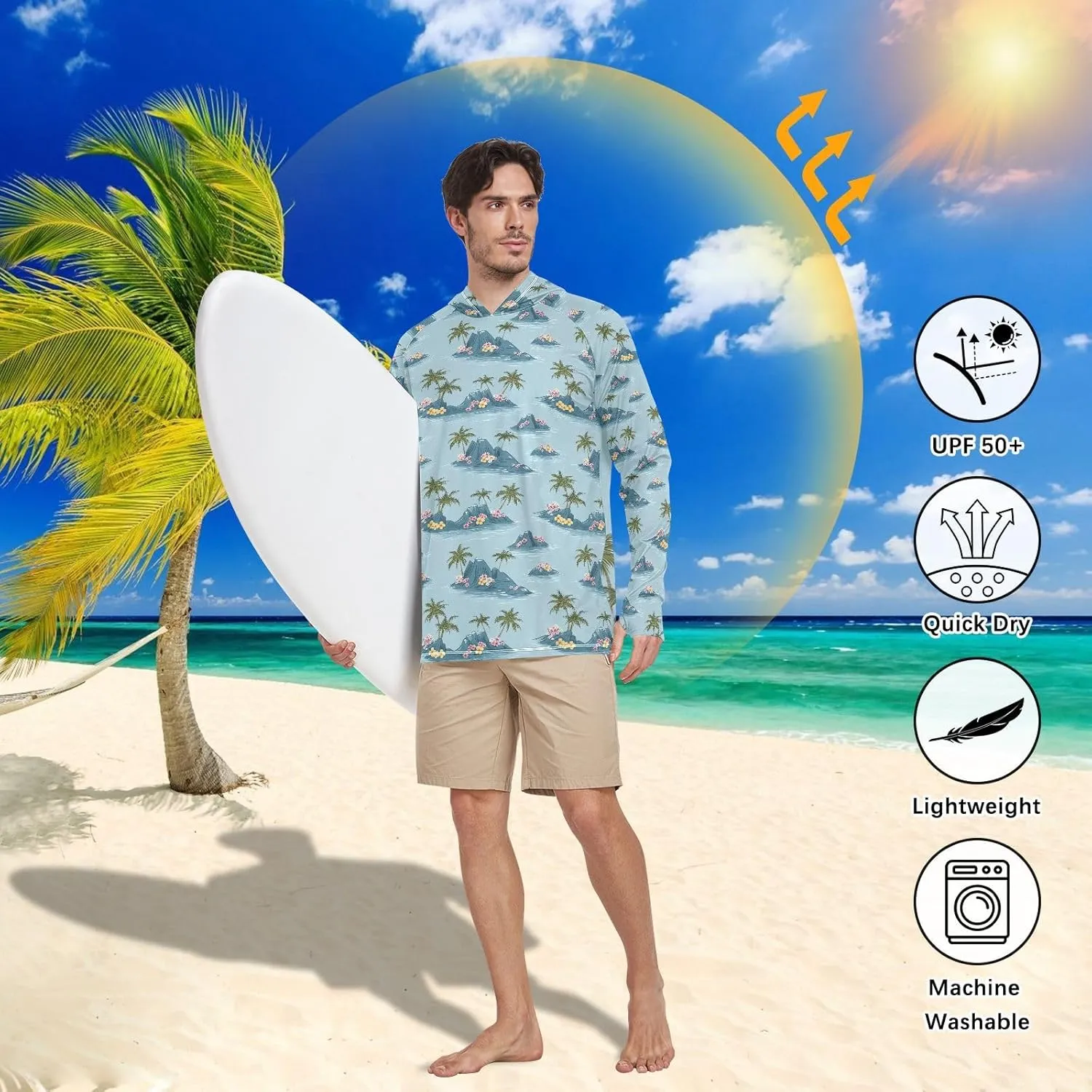 Teal Blue Tropical Mens Sun Shirts Protection Long Sleeve Mens Sun Shirts UPF 50  Hiking Hoodie Rash Guard Hooded