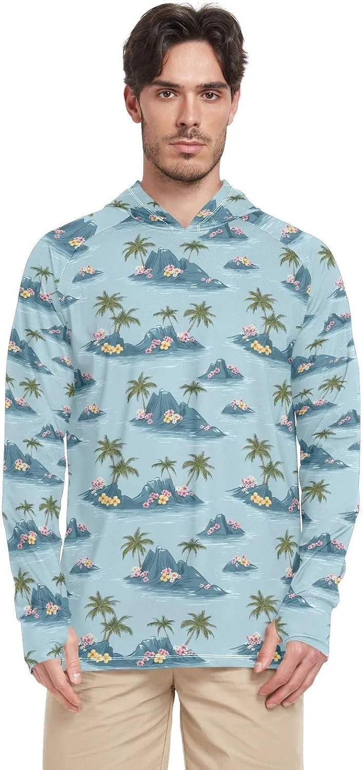 Teal Blue Tropical Mens Sun Shirts Protection Long Sleeve Mens Sun Shirts UPF 50  Hiking Hoodie Rash Guard Hooded