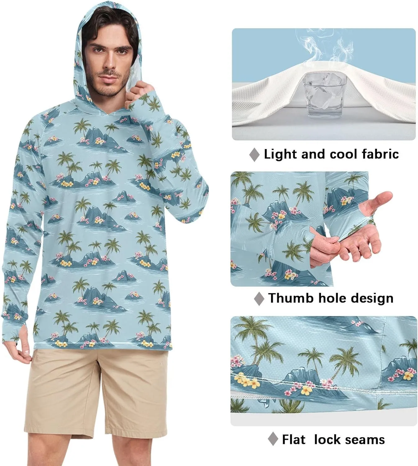 Teal Blue Tropical Mens Sun Shirts Protection Long Sleeve Mens Sun Shirts UPF 50  Hiking Hoodie Rash Guard Hooded