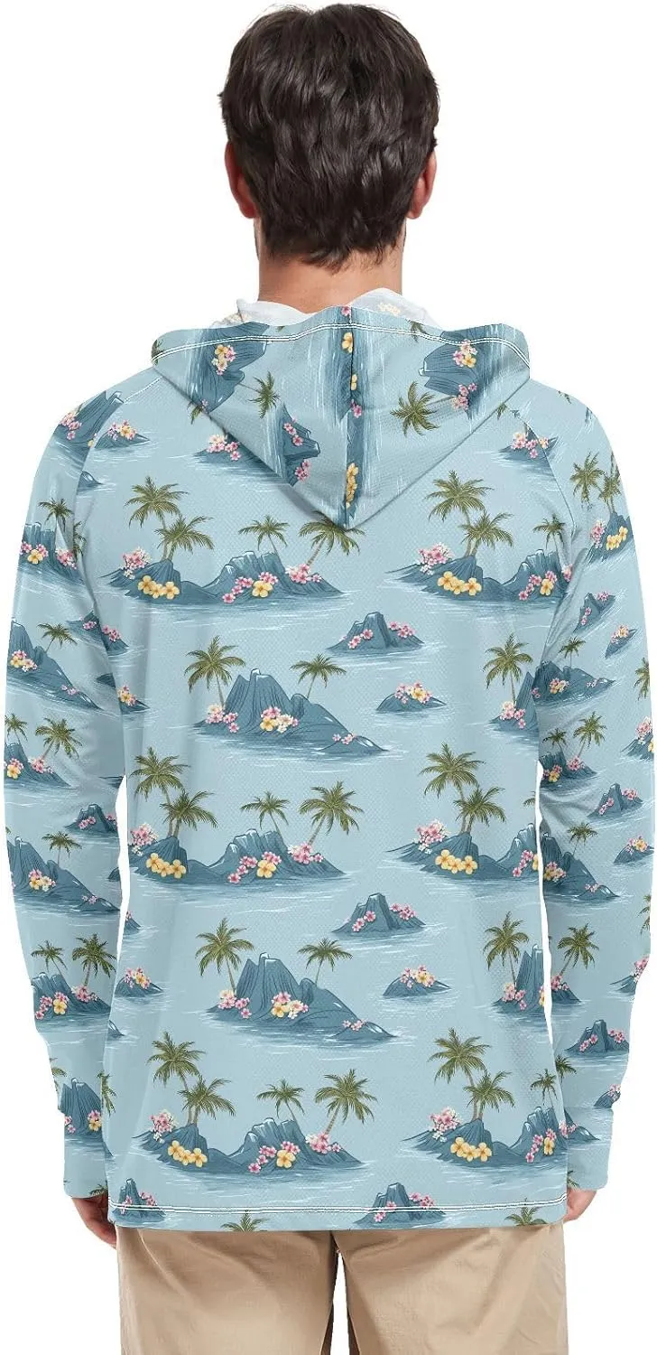Teal Blue Tropical Mens Sun Shirts Protection Long Sleeve Mens Sun Shirts UPF 50  Hiking Hoodie Rash Guard Hooded