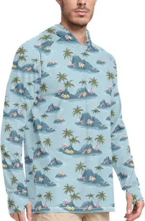 Teal Blue Tropical Mens Sun Shirts Protection Long Sleeve Mens Sun Shirts UPF 50  Hiking Hoodie Rash Guard Hooded