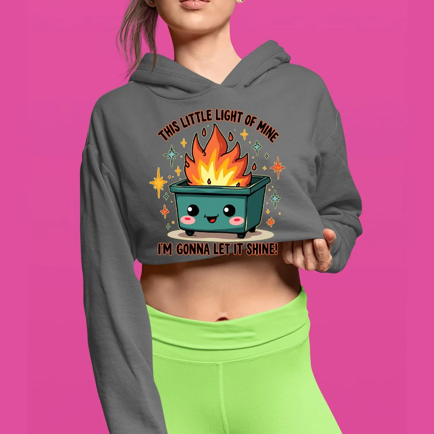 This Little Light of Mine Dumpster Fire Smile Face Cropped Fleece Hoodie, Soft & Cozy, Trendy Fit