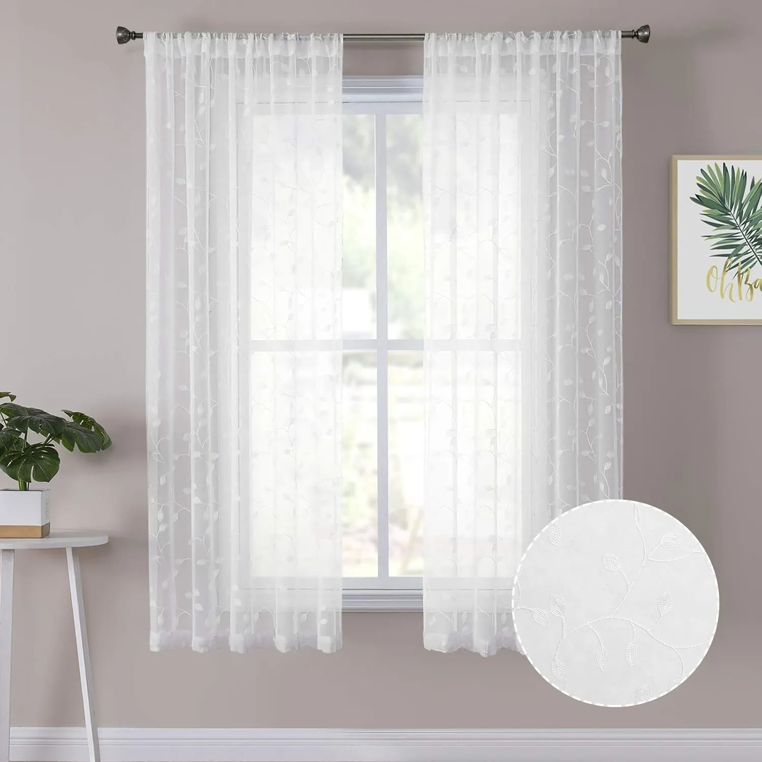 Tollpiz Leaves Short Sheer Curtains White Leaf Embroidery Living Room Curtain Rod Pocket Voile Faux Linen Embroidered Leaves Curtains for Bedroom, 38 x 54 inches Long, Set of 2 Panels