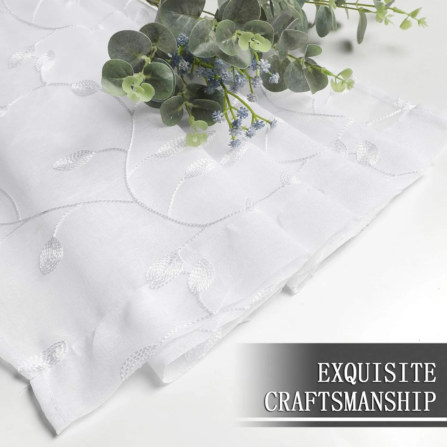 Tollpiz Leaves Short Sheer Curtains White Leaf Embroidery Living Room Curtain Rod Pocket Voile Faux Linen Embroidered Leaves Curtains for Bedroom, 38 x 54 inches Long, Set of 2 Panels