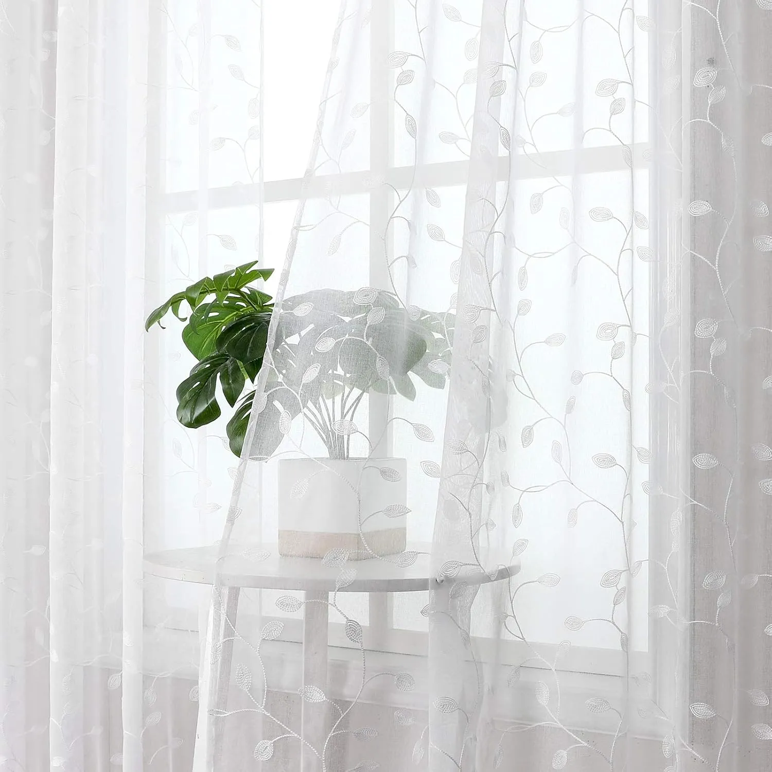 Tollpiz Leaves Short Sheer Curtains White Leaf Embroidery Living Room Curtain Rod Pocket Voile Faux Linen Embroidered Leaves Curtains for Bedroom, 38 x 54 inches Long, Set of 2 Panels