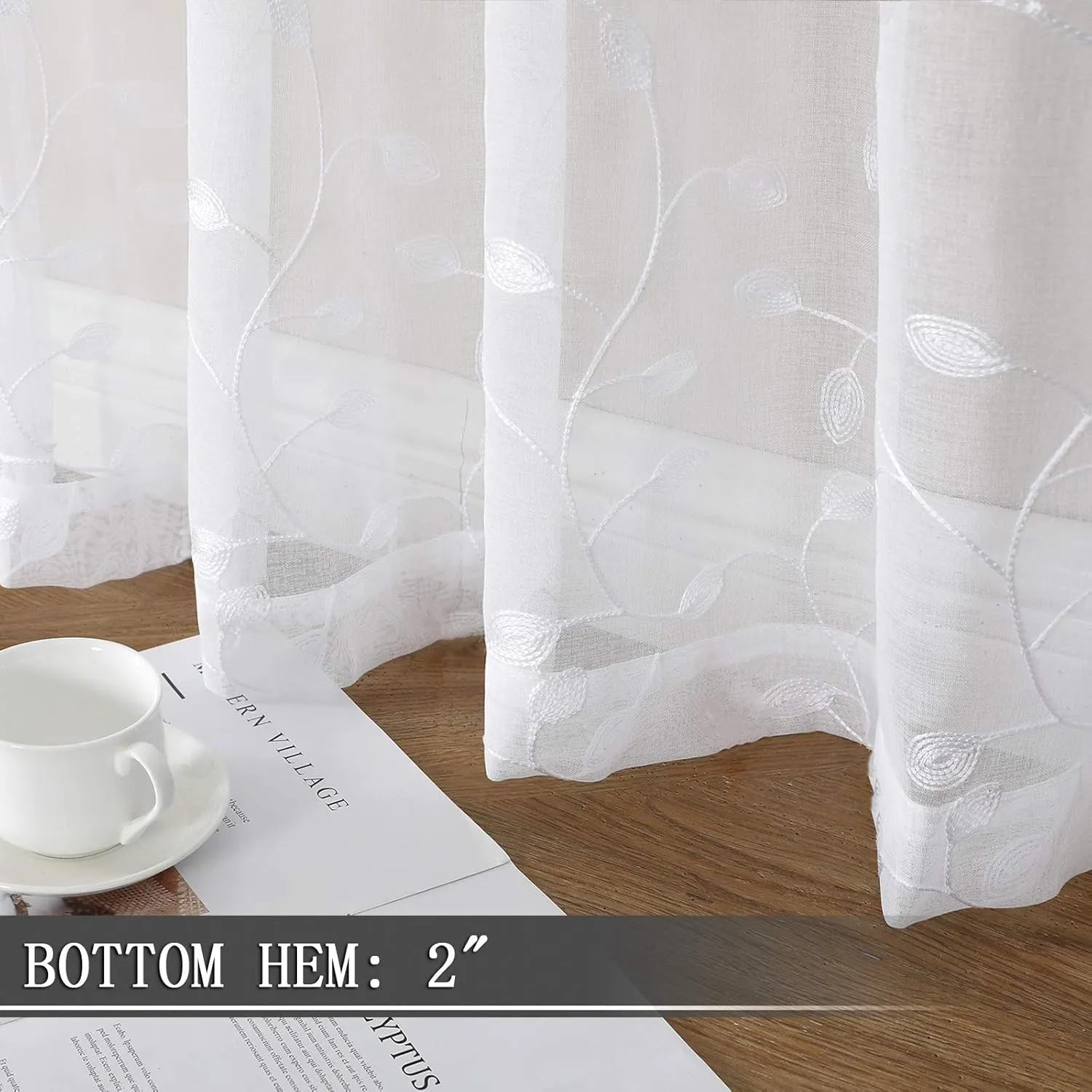 Tollpiz Leaves Short Sheer Curtains White Leaf Embroidery Living Room Curtain Rod Pocket Voile Faux Linen Embroidered Leaves Curtains for Bedroom, 38 x 54 inches Long, Set of 2 Panels