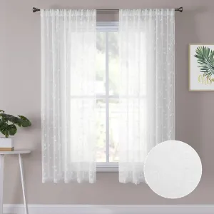 Tollpiz Leaves Short Sheer Curtains White Leaf Embroidery Living Room Curtain Rod Pocket Voile Faux Linen Embroidered Leaves Curtains for Bedroom, 38 x 54 inches Long, Set of 2 Panels