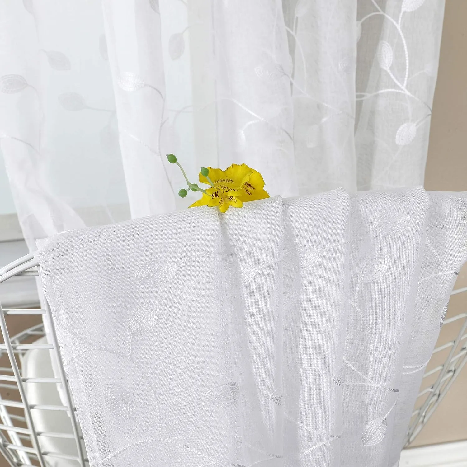 Tollpiz Leaves Short Sheer Curtains White Leaf Embroidery Living Room Curtain Rod Pocket Voile Faux Linen Embroidered Leaves Curtains for Bedroom, 38 x 54 inches Long, Set of 2 Panels