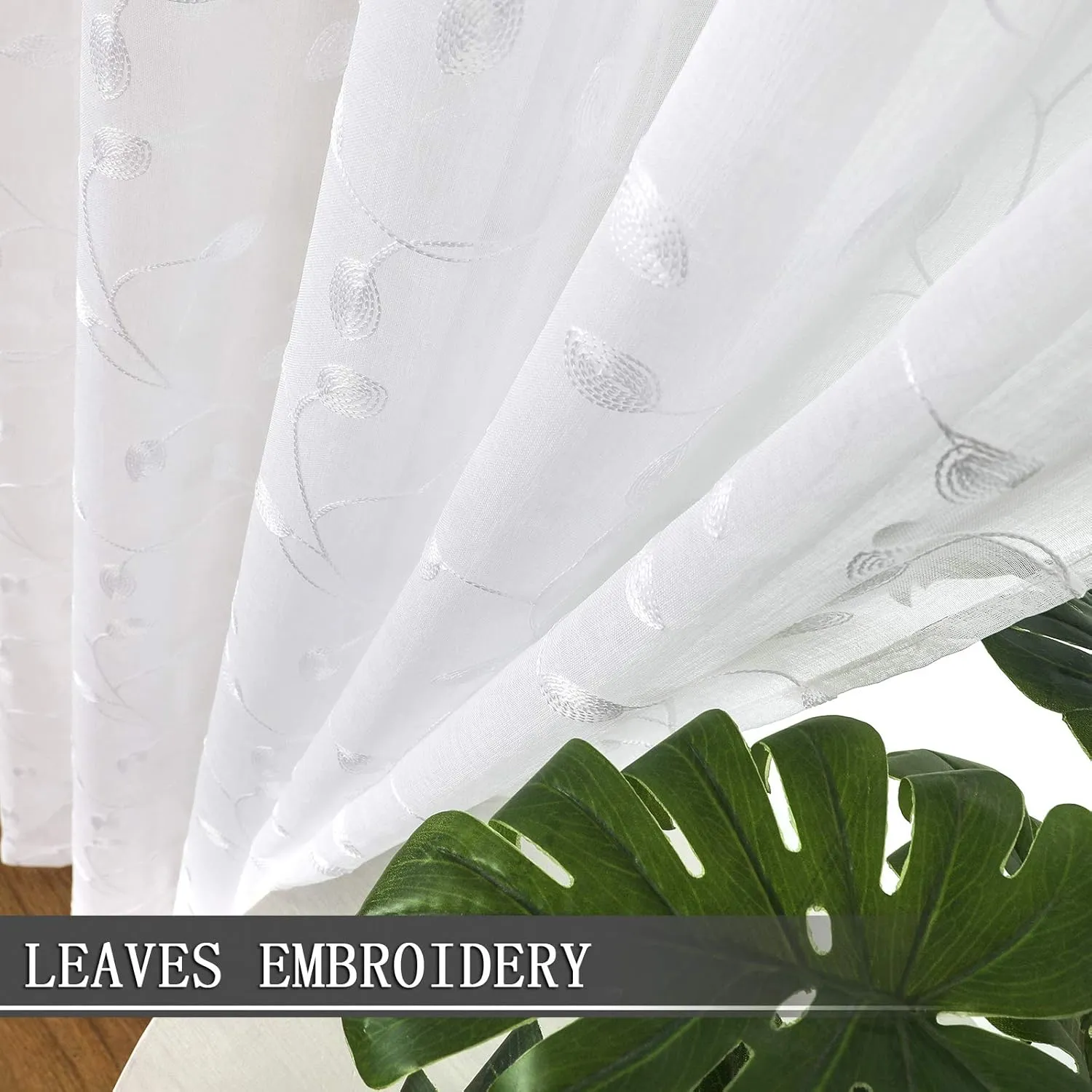 Tollpiz Leaves Short Sheer Curtains White Leaf Embroidery Living Room Curtain Rod Pocket Voile Faux Linen Embroidered Leaves Curtains for Bedroom, 38 x 54 inches Long, Set of 2 Panels