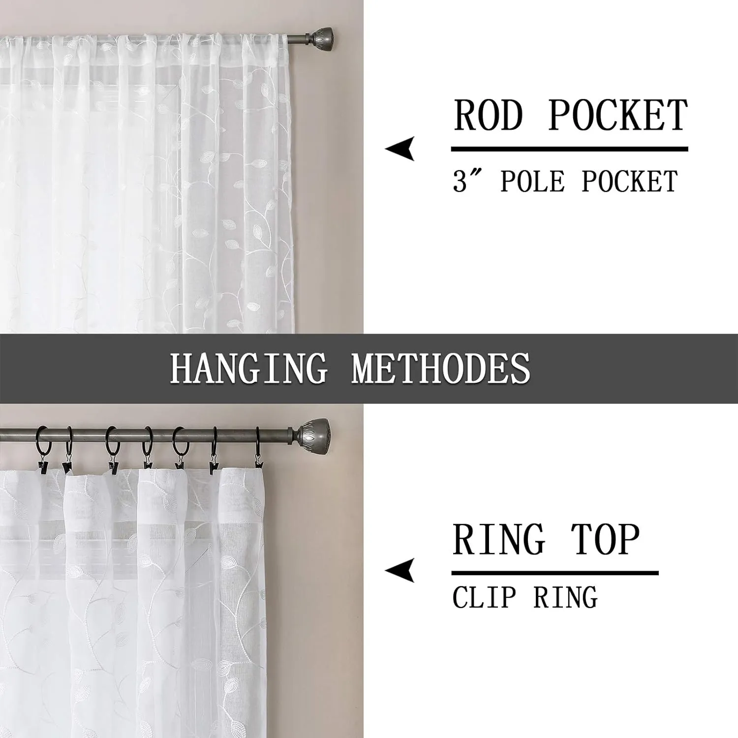 Tollpiz Leaves Short Sheer Curtains White Leaf Embroidery Living Room Curtain Rod Pocket Voile Faux Linen Embroidered Leaves Curtains for Bedroom, 38 x 54 inches Long, Set of 2 Panels