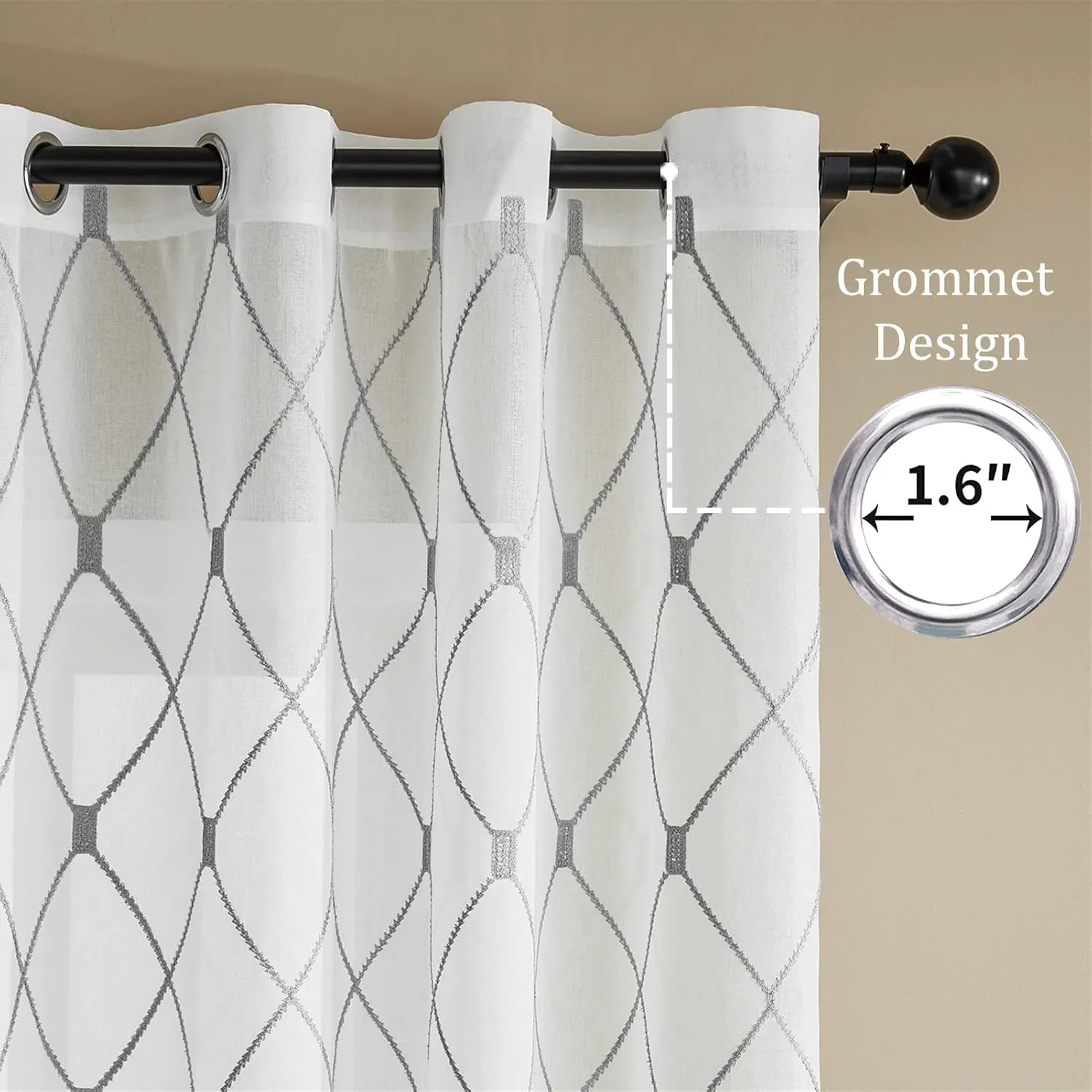 Top Finel White Sheer Curtains 84 Inches Long for Living Room,Grey Privacy Embroidered Diamond Grommet Window Treatments Curtains Home Decor 84 inch Length for Bedroom, 2 Panels Set