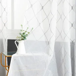 Top Finel White Sheer Curtains 84 Inches Long for Living Room,Grey Privacy Embroidered Diamond Grommet Window Treatments Curtains Home Decor 84 inch Length for Bedroom, 2 Panels Set