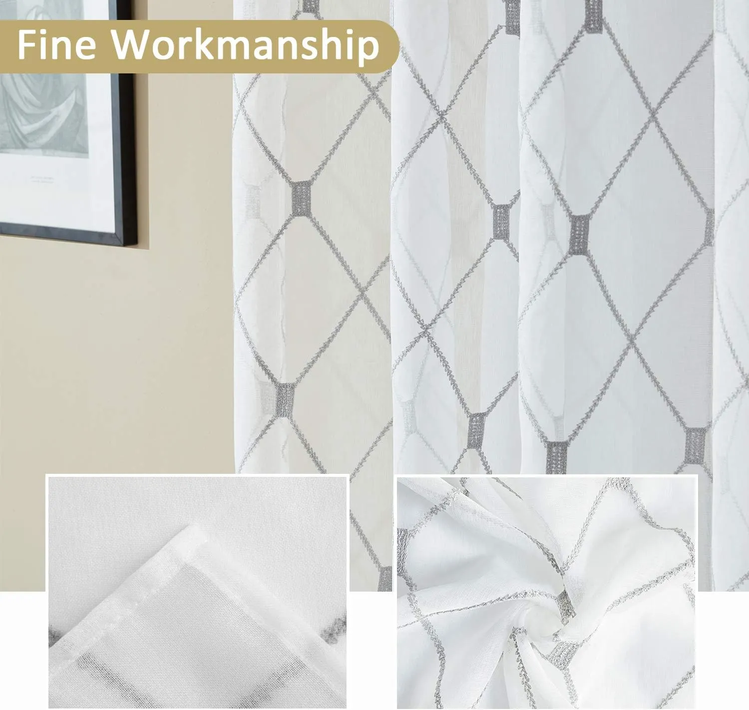Top Finel White Sheer Curtains 84 Inches Long for Living Room,Grey Privacy Embroidered Diamond Grommet Window Treatments Curtains Home Decor 84 inch Length for Bedroom, 2 Panels Set
