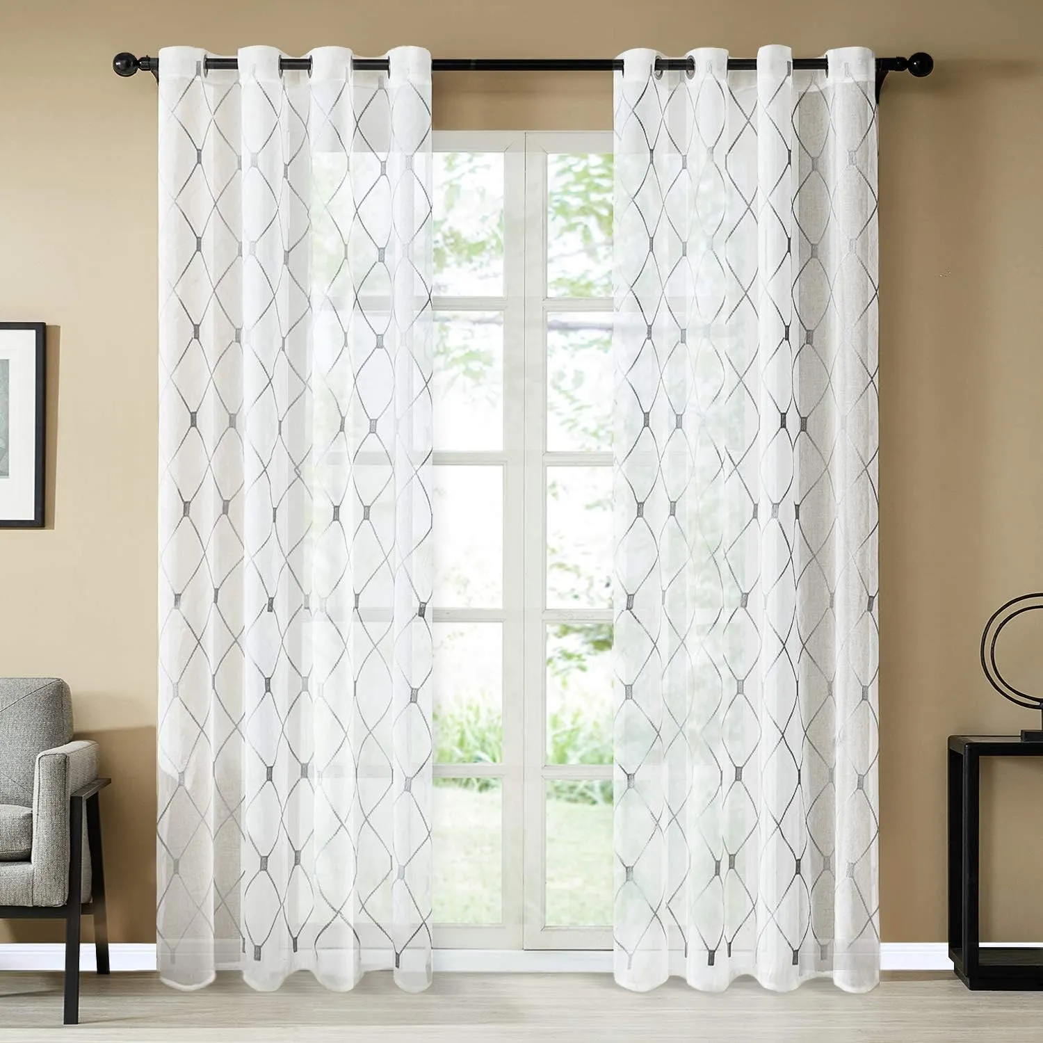 Top Finel White Sheer Curtains 84 Inches Long for Living Room,Grey Privacy Embroidered Diamond Grommet Window Treatments Curtains Home Decor 84 inch Length for Bedroom, 2 Panels Set