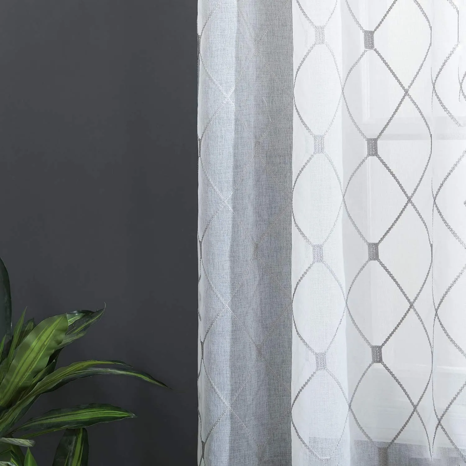 Top Finel White Sheer Curtains 84 Inches Long for Living Room,Grey Privacy Embroidered Diamond Grommet Window Treatments Curtains Home Decor 84 inch Length for Bedroom, 2 Panels Set