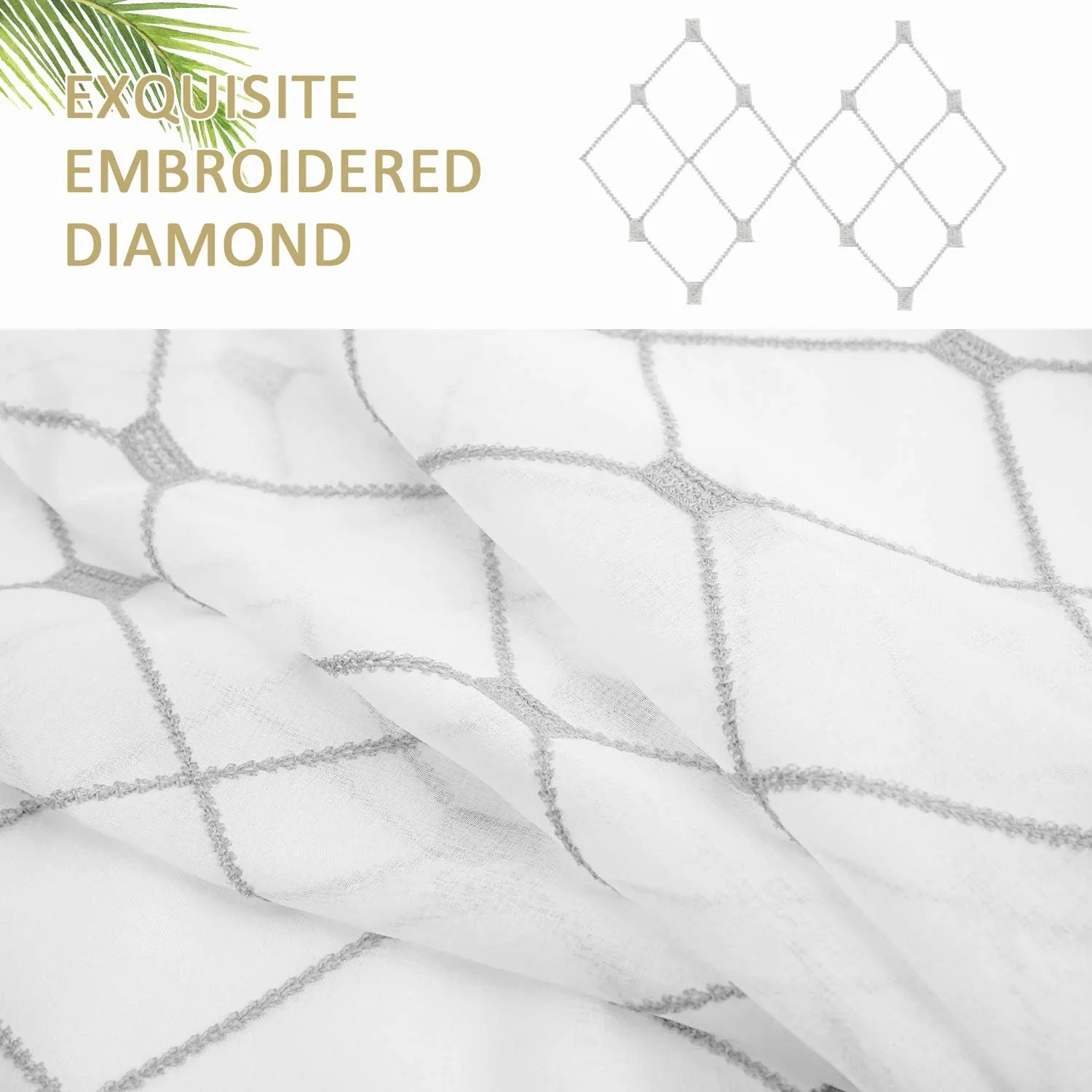 Top Finel White Sheer Curtains 84 Inches Long for Living Room,Grey Privacy Embroidered Diamond Grommet Window Treatments Curtains Home Decor 84 inch Length for Bedroom, 2 Panels Set