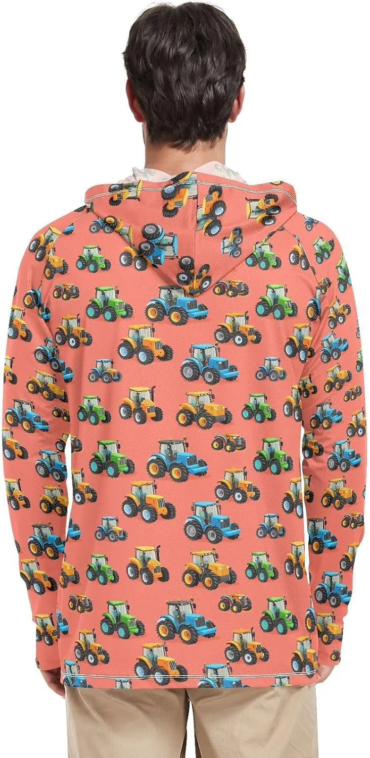 Tractor in Red Sun Protection Hoodies Long Sleeve UPF 50   Sun Shirt with Hood Sailing Shirts Rash Guard Men