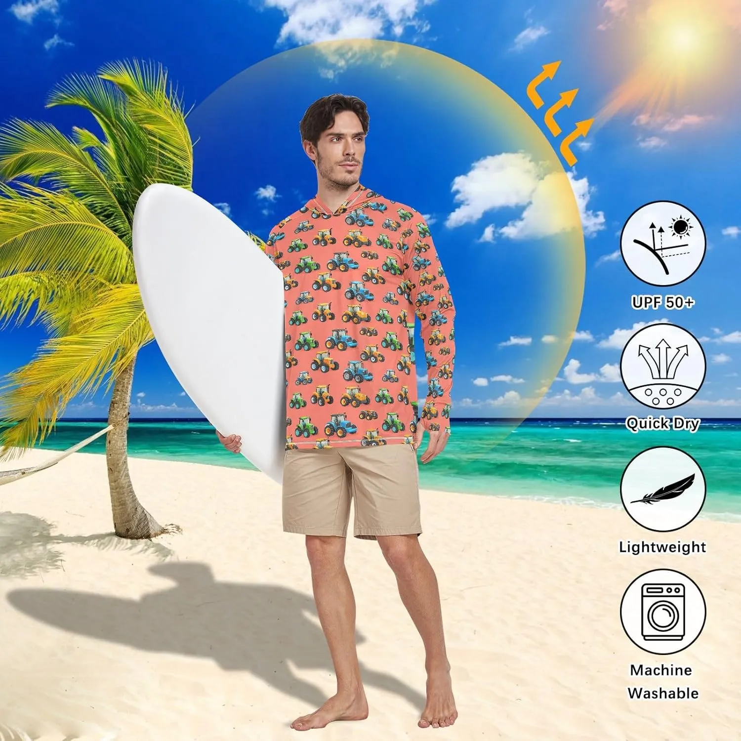 Tractor in Red Sun Protection Hoodies Long Sleeve UPF 50   Sun Shirt with Hood Sailing Shirts Rash Guard Men