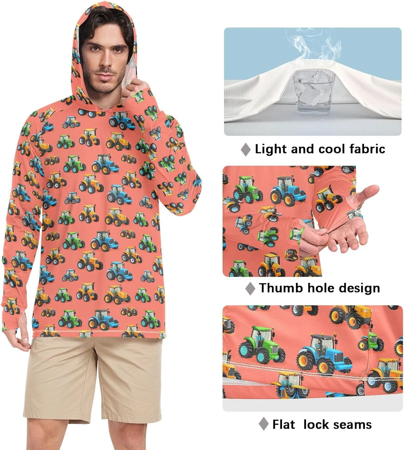 Tractor in Red Sun Protection Hoodies Long Sleeve UPF 50   Sun Shirt with Hood Sailing Shirts Rash Guard Men